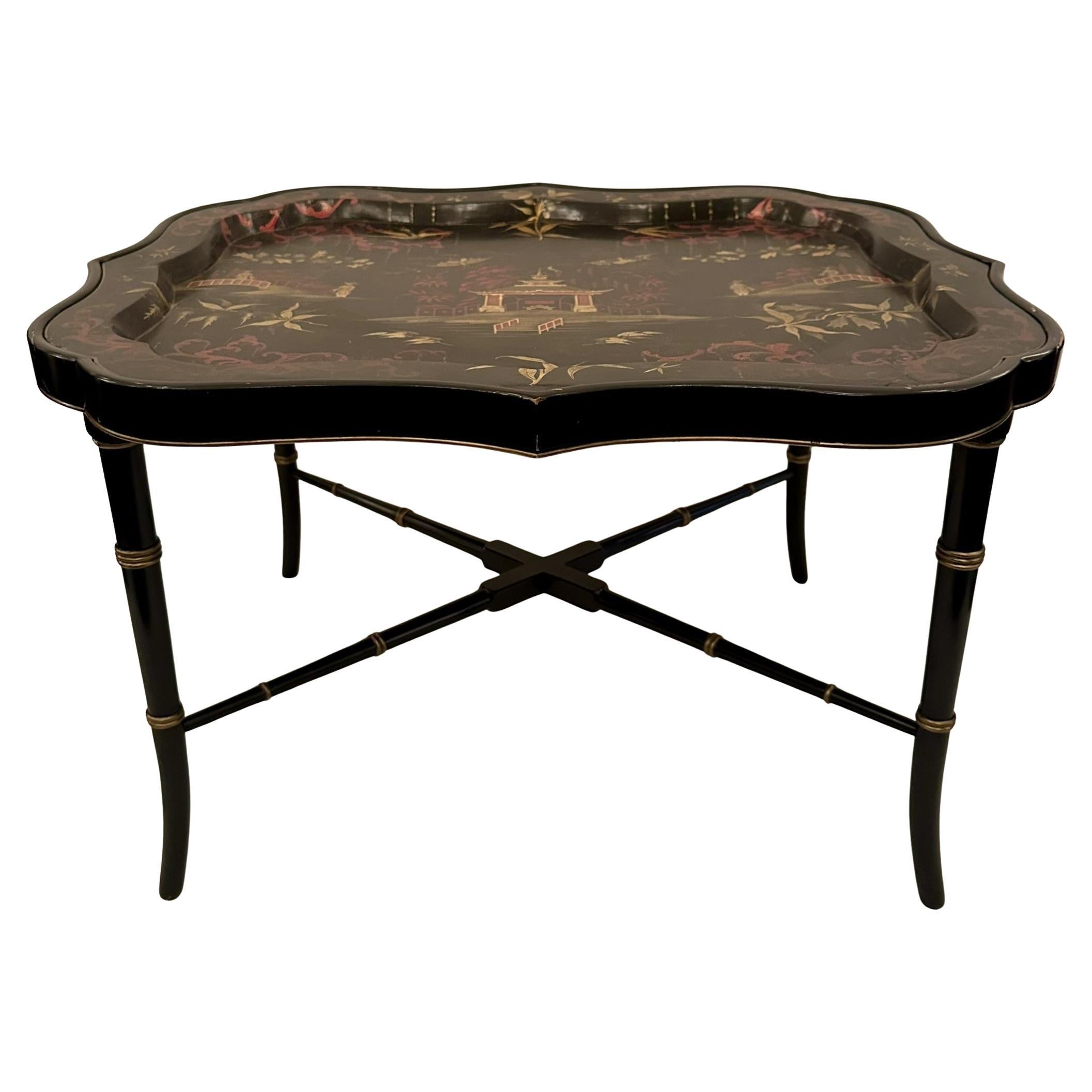 English Antique Chinoiserie Lacquer Tray on Bespoke Stand, Circa 1880-1890's. For Sale