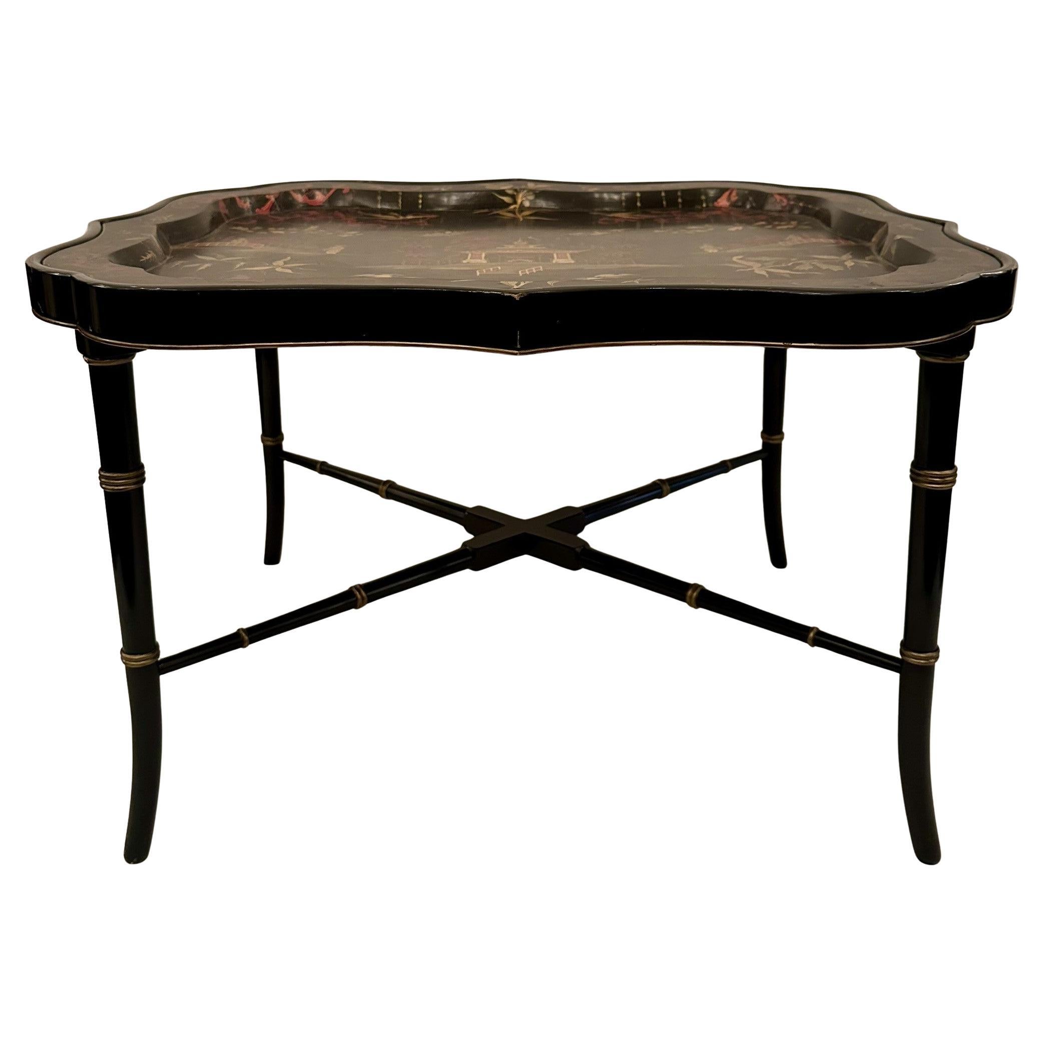 Antique Chinoiserie Lacquer Tray on Bespoke Stand, Circa 1880-1890's. In Good Condition For Sale In New Orleans, LA