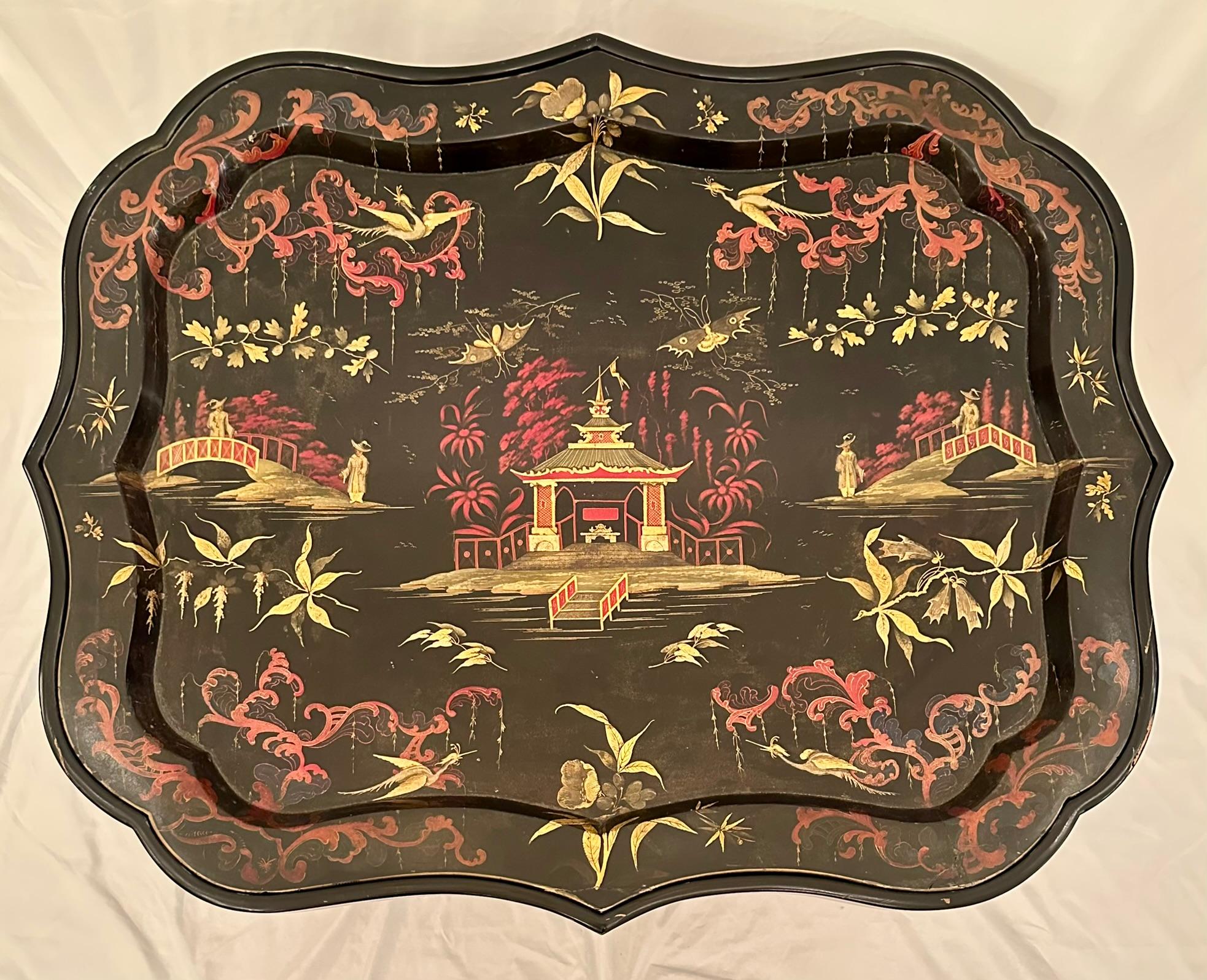 19th Century Antique Chinoiserie Lacquer Tray on Bespoke Stand, Circa 1880-1890's. For Sale