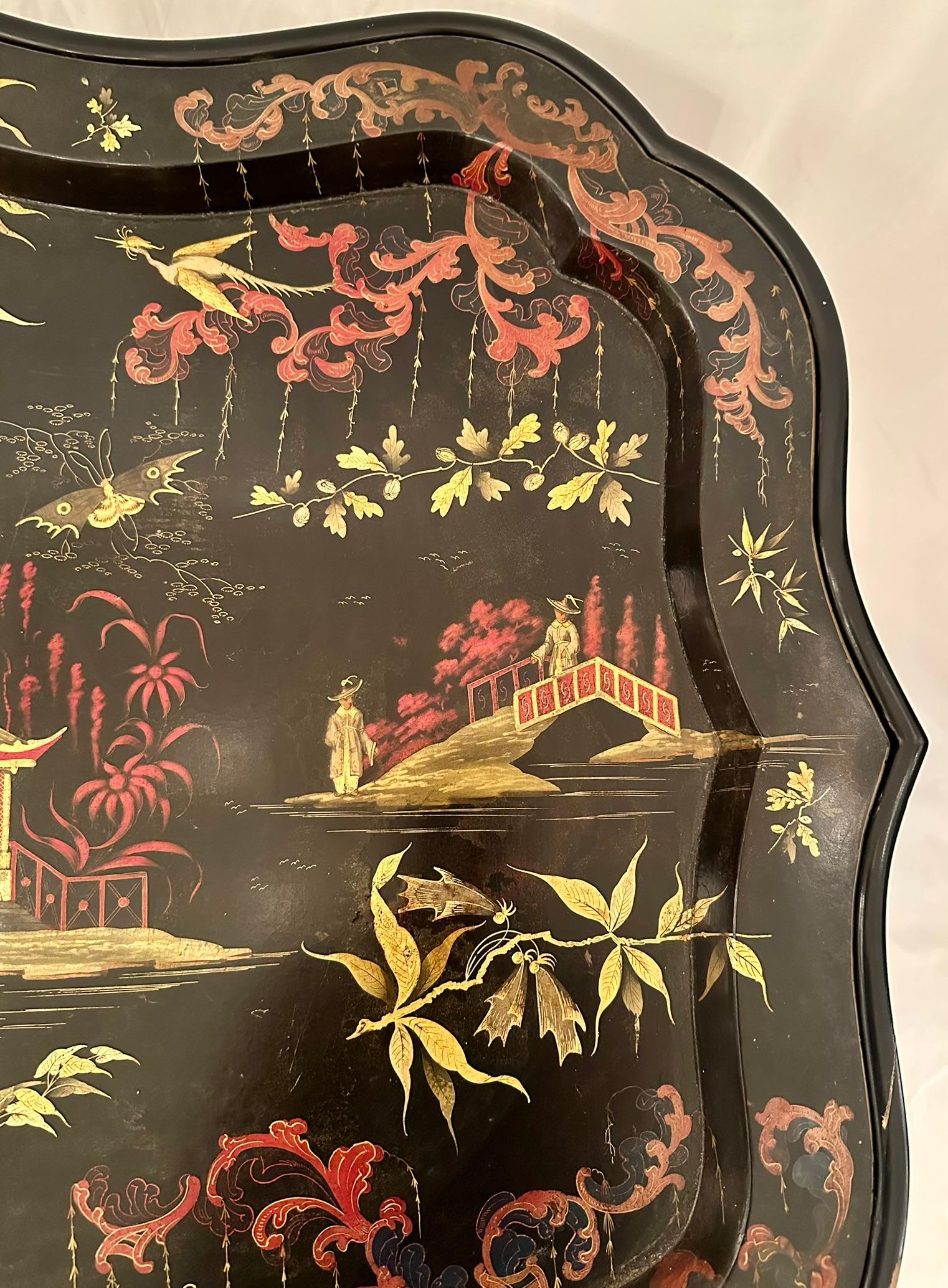 Antique Chinoiserie Lacquer Tray on Bespoke Stand, Circa 1880-1890's. For Sale 1