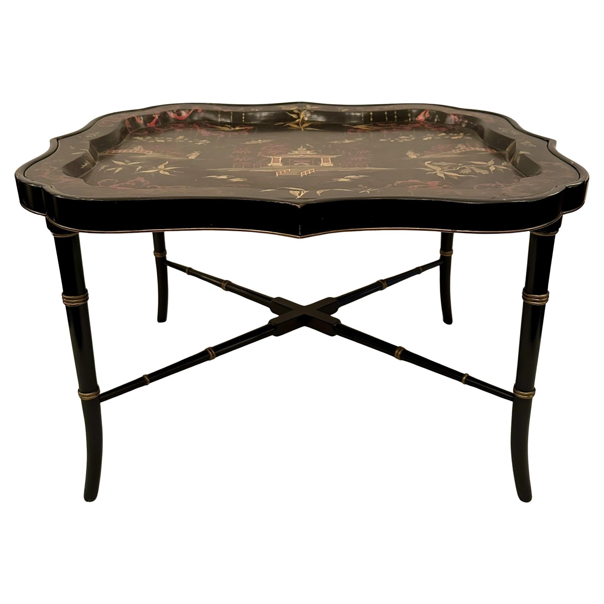 Antique Chinoiserie Lacquer Tray on Bespoke Stand, Circa 1880-1890's. For Sale