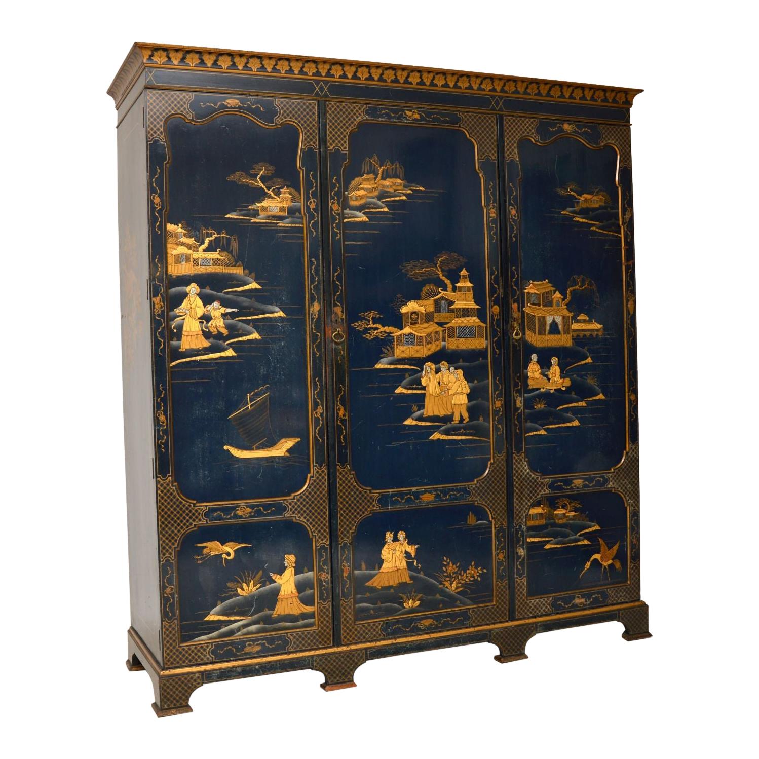 Antique Chinoiserie Lacquered 3-Door Wardrobe by Hille