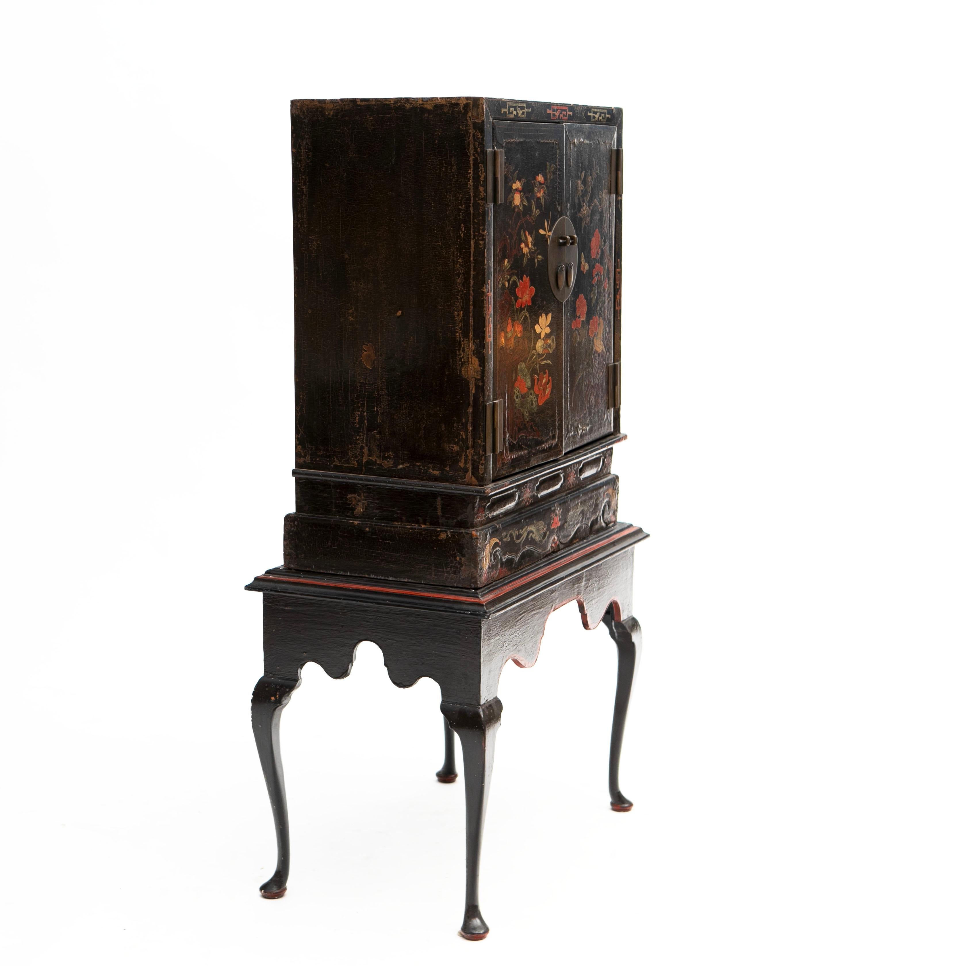 Wood Chinoiserie Black Lacquered Cabinet on Stand For Sale