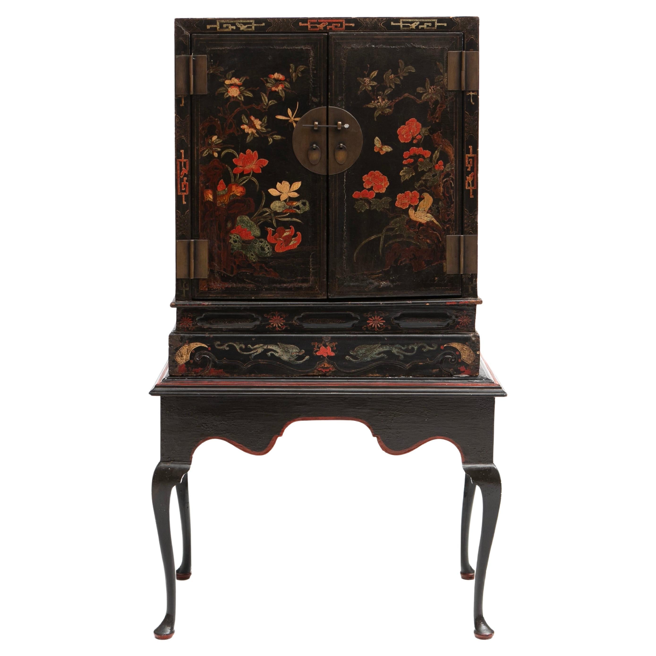 Chinoiserie Black Lacquered Cabinet on Stand For Sale