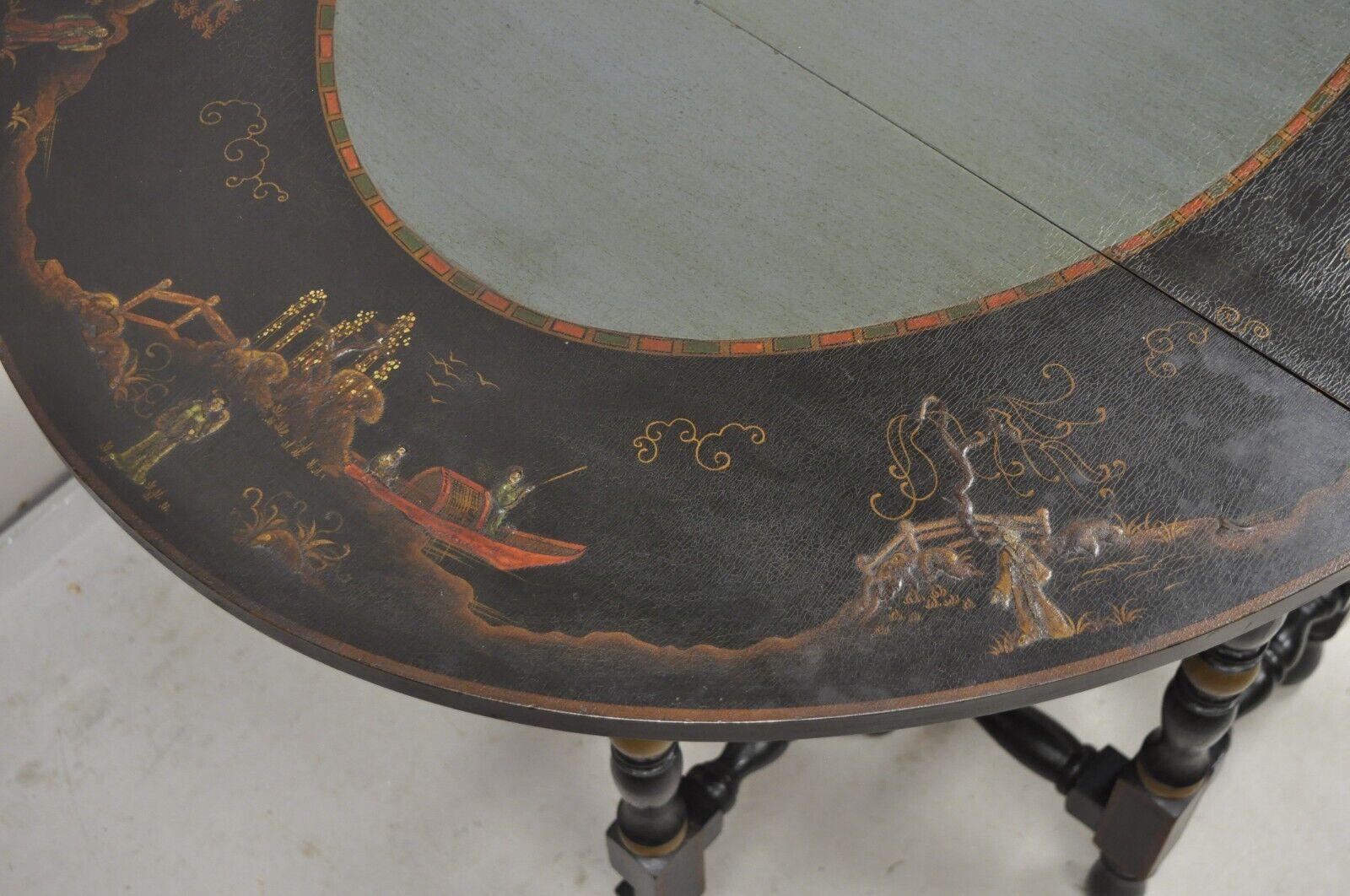 Antique Chinoiserie Lacquered Chinese Gate Leg Drop Leaf Blue Oval Side Table For Sale 7