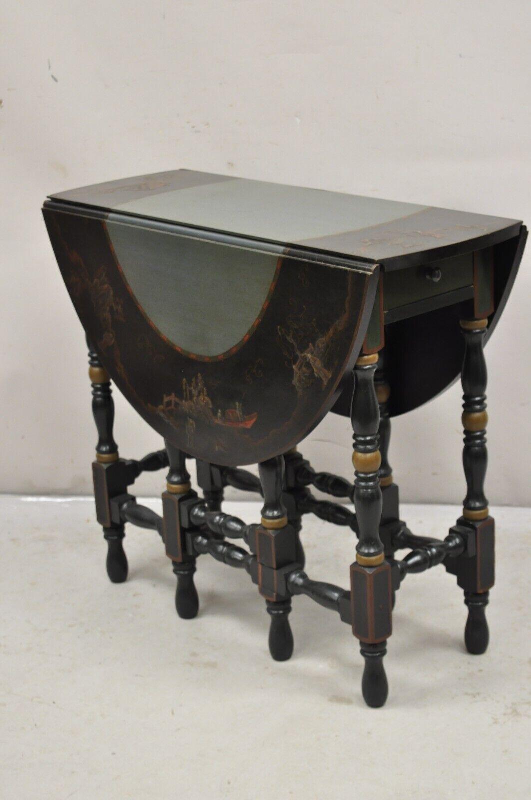 Antique Chinoiserie Lacquered Chinese Gate Leg Drop Leaf Blue Oval Side Table For Sale 8