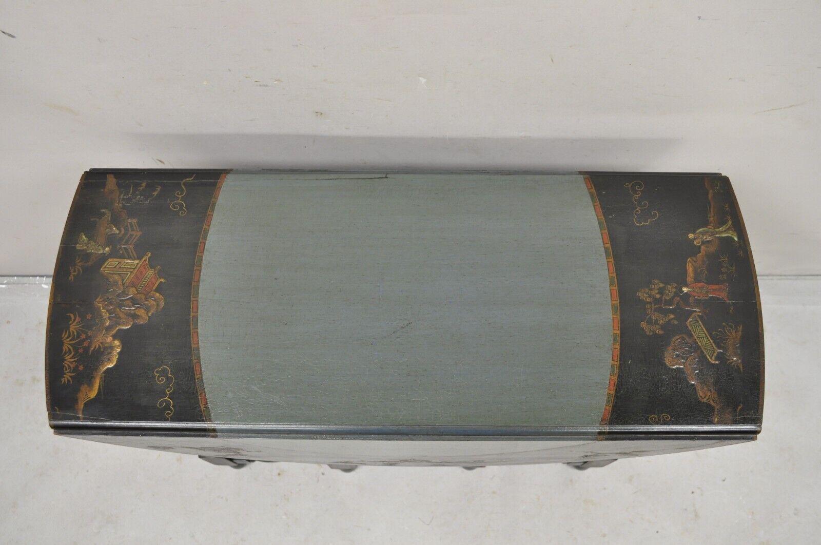 Antique Chinoiserie Lacquered Chinese Gate Leg Drop Leaf Blue Oval Side Table For Sale 1