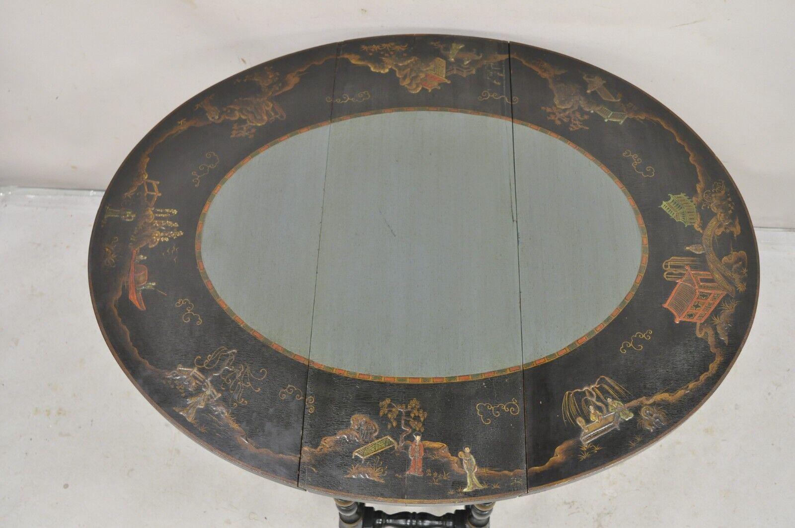 Antique Chinoiserie Lacquered Chinese Gate Leg Drop Leaf Blue Oval Side Table For Sale 2