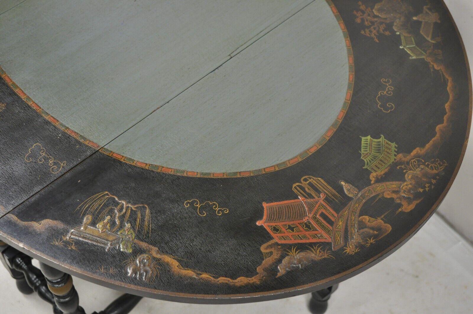 Antique Chinoiserie Lacquered Chinese Gate Leg Drop Leaf Blue Oval Side Table For Sale 3