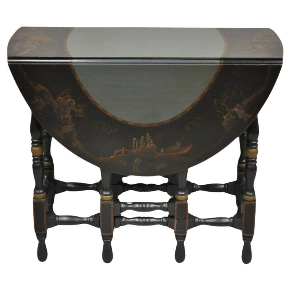 Antique Chinoiserie Lacquered Chinese Gate Leg Drop Leaf Blue Oval Side Table For Sale