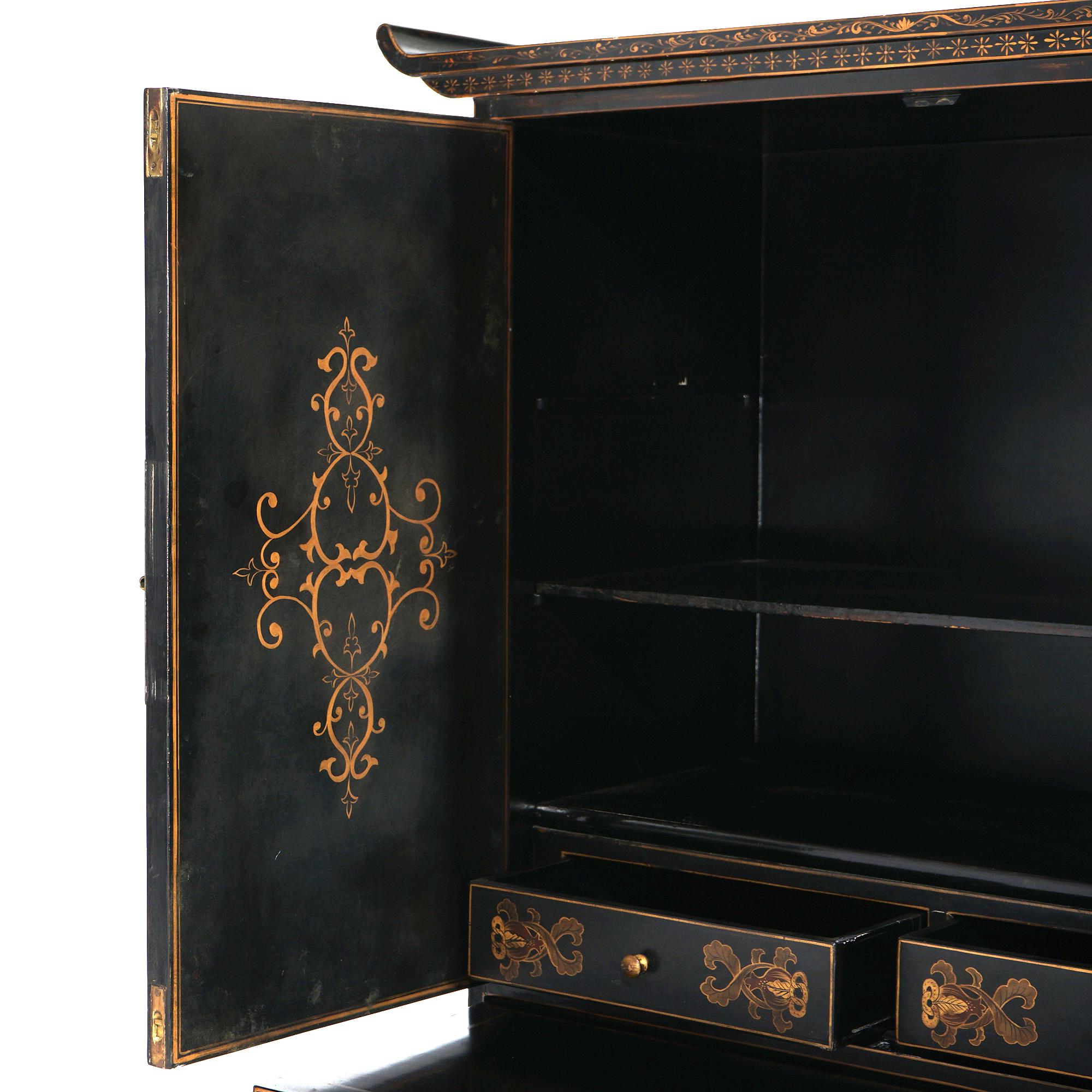 Antique Chinoiserie & Lacquered Chinese Two-Piece Credenza Cabinet 19thC 1