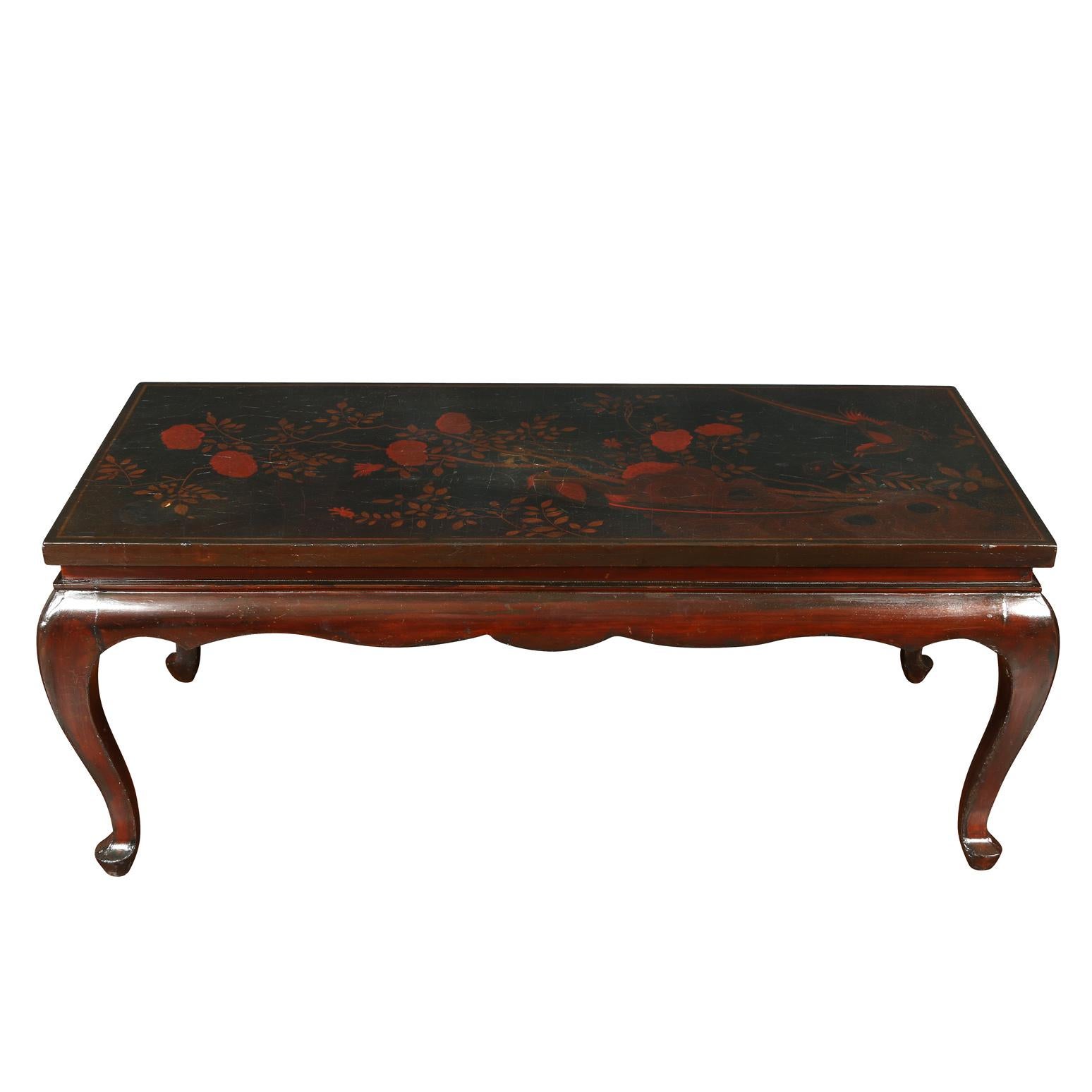 Unknown Antique Chinoiserie Lacquered Low Coffee Table with Red Flower Detail