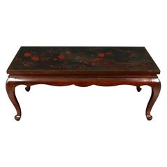 Antique Chinoiserie Lacquered Low Coffee Table with Red Flower Detail