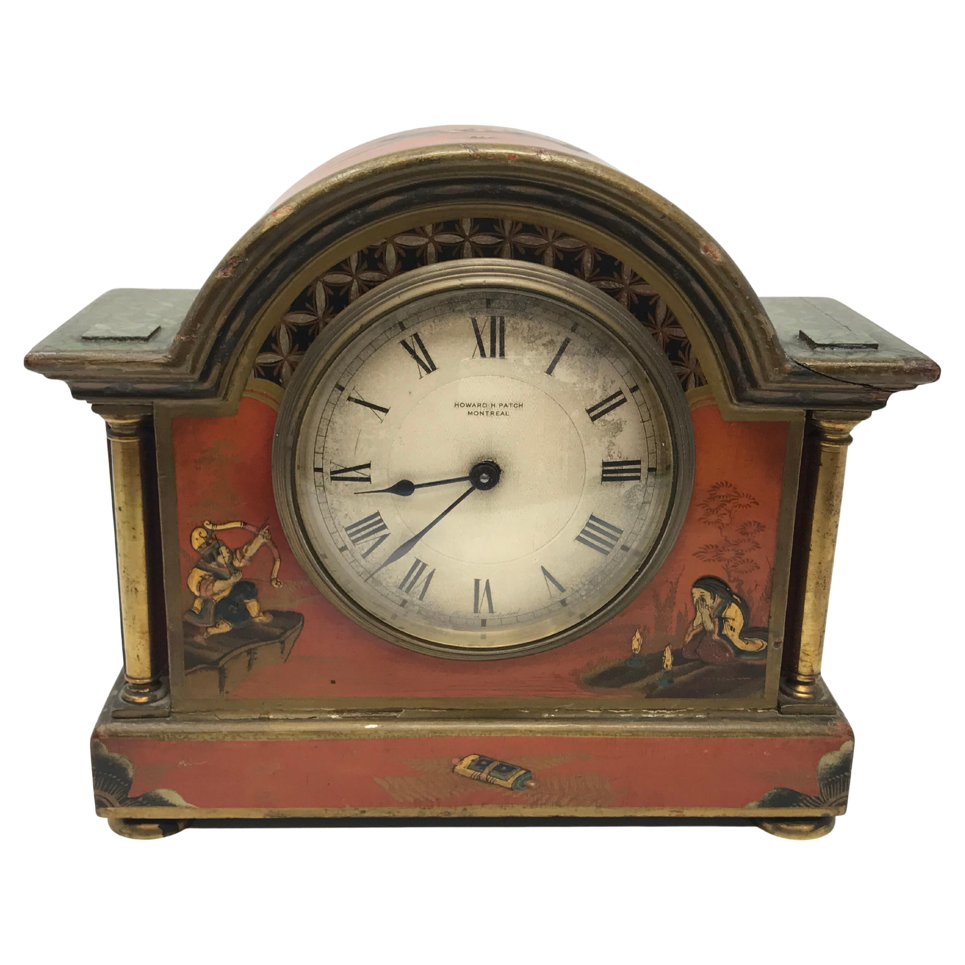 Antiguo Reloj de Manto Chinoiserie Lacado Rojo Movimiento Buren en venta