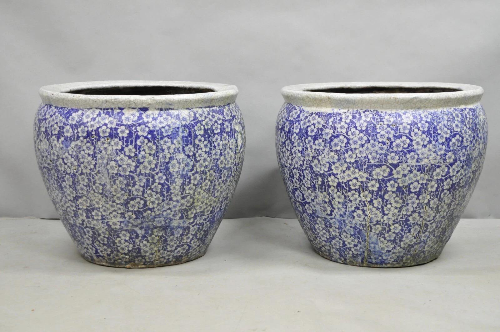 Antike Chinoiserie große blau weiß Terrakotta 23