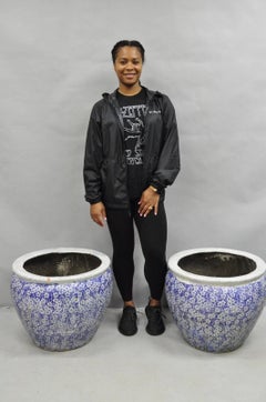 Antique Chinoiserie Large Blue White Terracotta 23" Jardiniere Planter Pot Pair