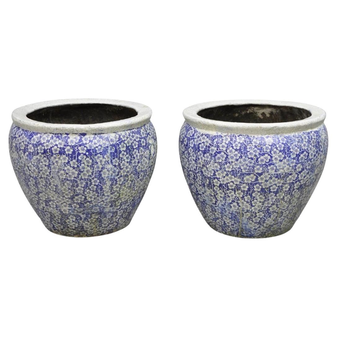Antique Chinoiserie Large Blue White Terracotta 23" Jardiniere Planter Pot Pair