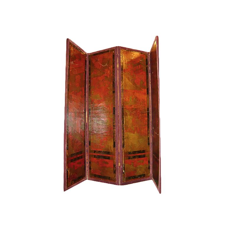 A 19th century painted leather Chinese screen with gilt details. 

Measurements:
 Height: 5 ft. 10