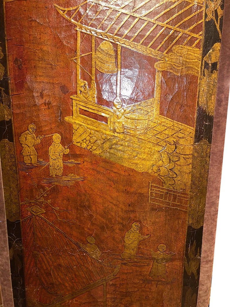 Antique Chinoiserie Leather Screen In Good Condition For Sale In New York, NY