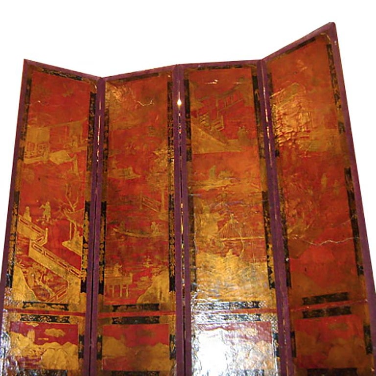Antique Chinoiserie Leather Screen For Sale 1