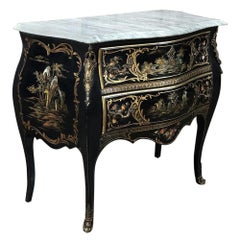 Antique Chinoiserie Marquetry Marble-Top Commode