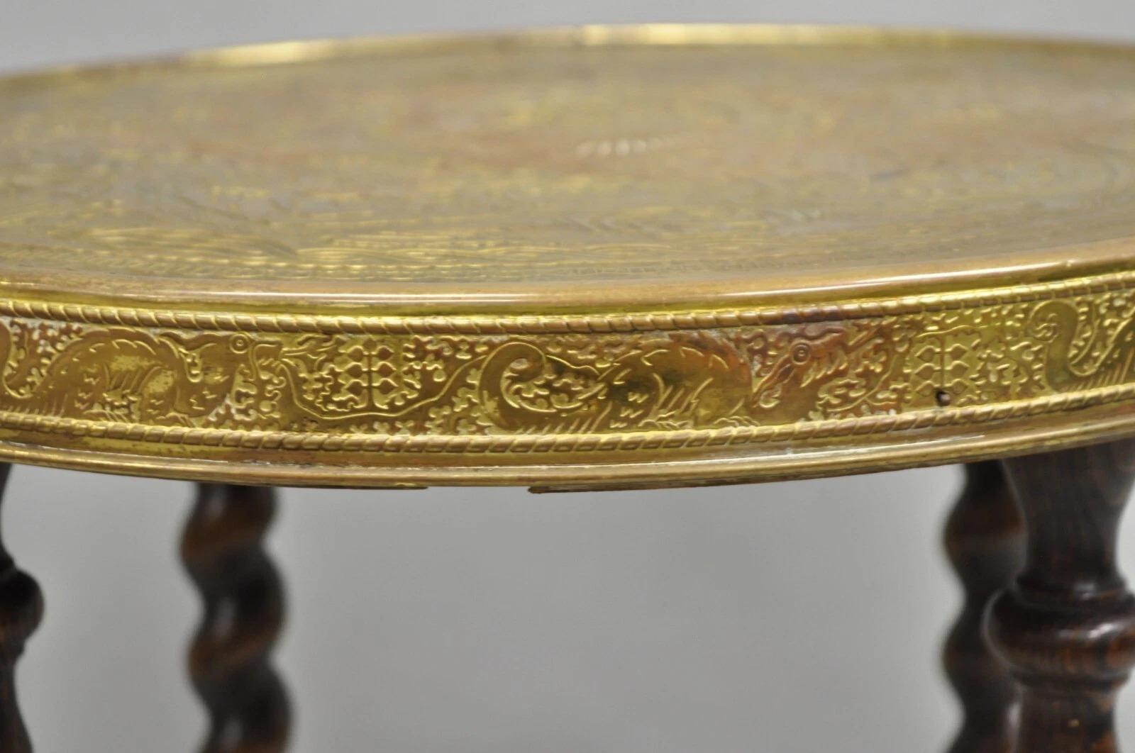 Antique Chinoiserie Oak Barley Twist Chinese Brass Dragon Side Table by Ferguson For Sale 7