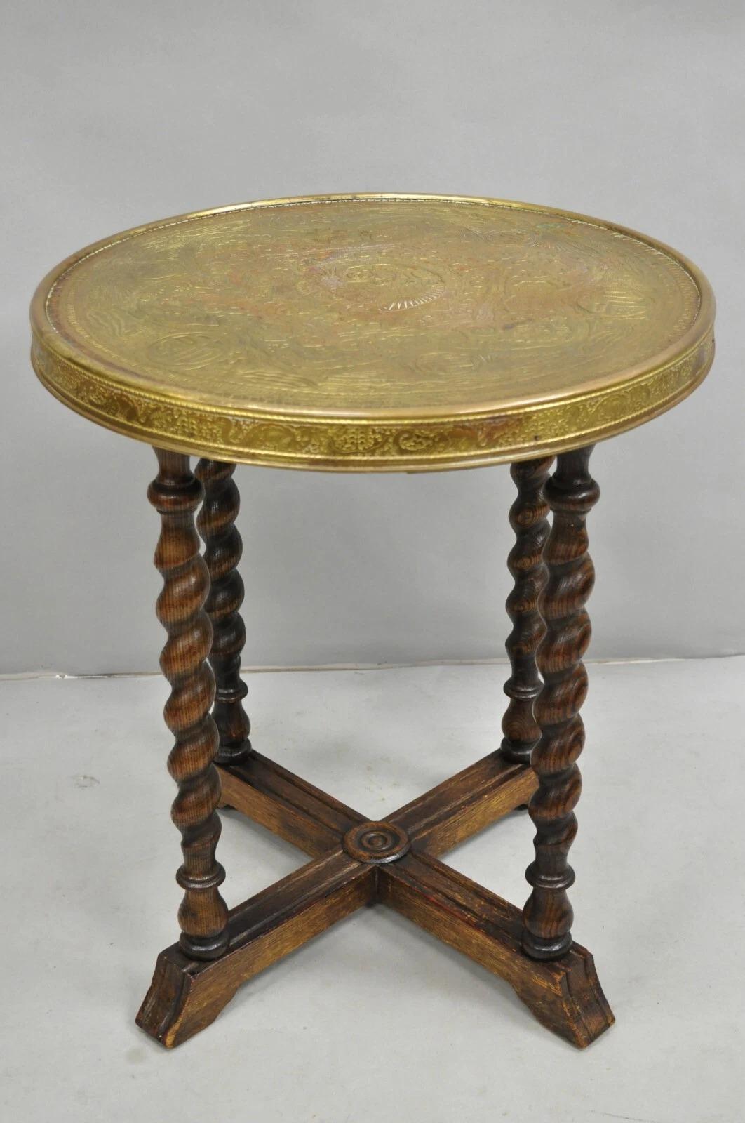 Antique Chinoiserie Oak Barley Twist Chinese Brass Dragon Top Round Side Table by Ferguson Bros. Circa Early 20th Century. Measurements: 23