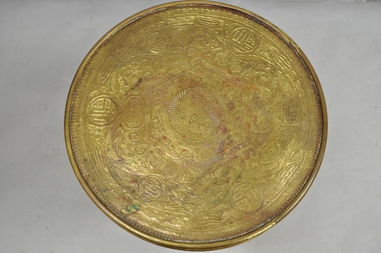 Unknown Antique Chinoiserie Oak Barley Twist Chinese Brass Dragon Side Table by Ferguson For Sale