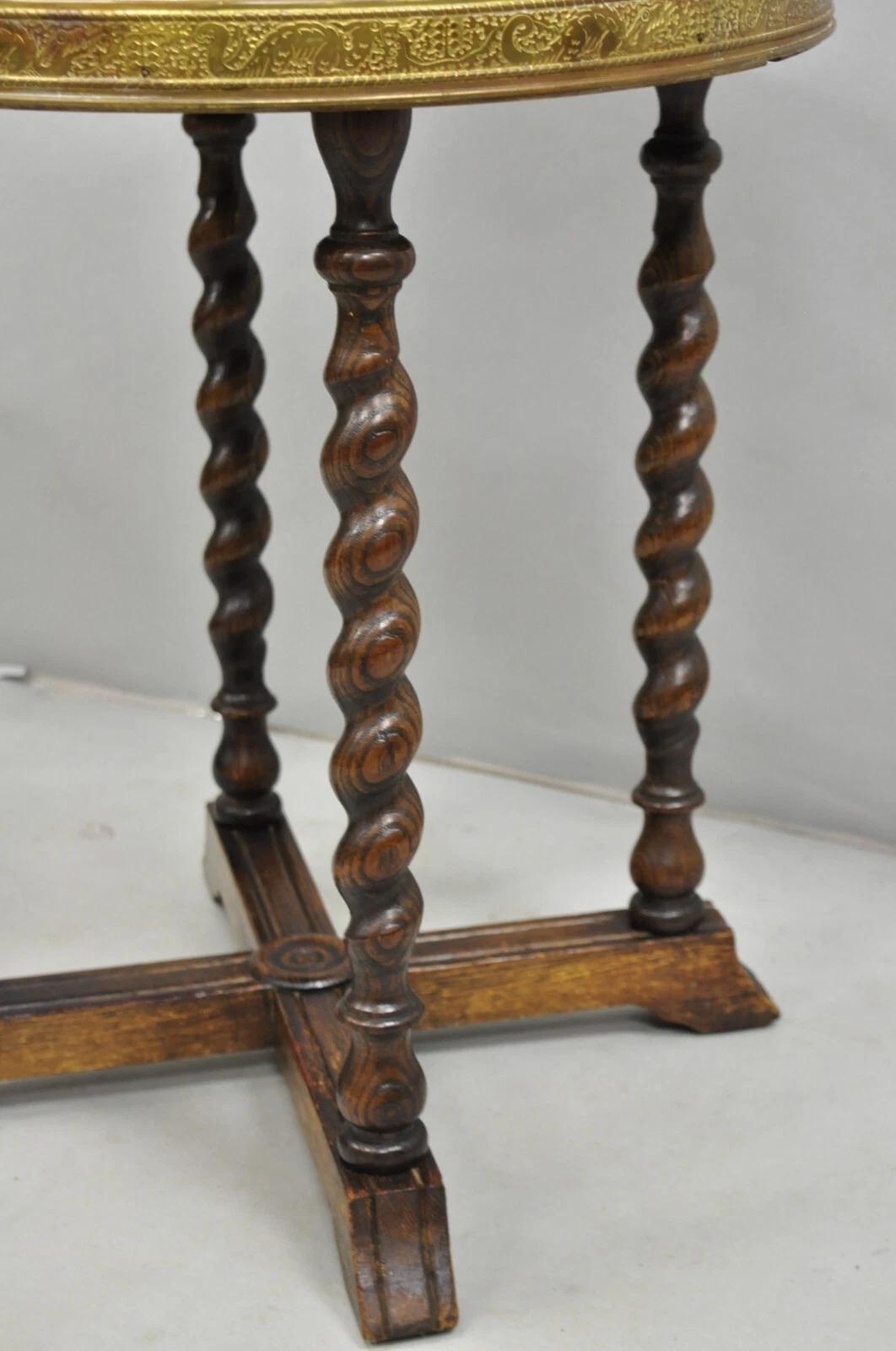 Antique Chinoiserie Oak Barley Twist Chinese Brass Dragon Side Table by Ferguson In Good Condition For Sale In Philadelphia, PA