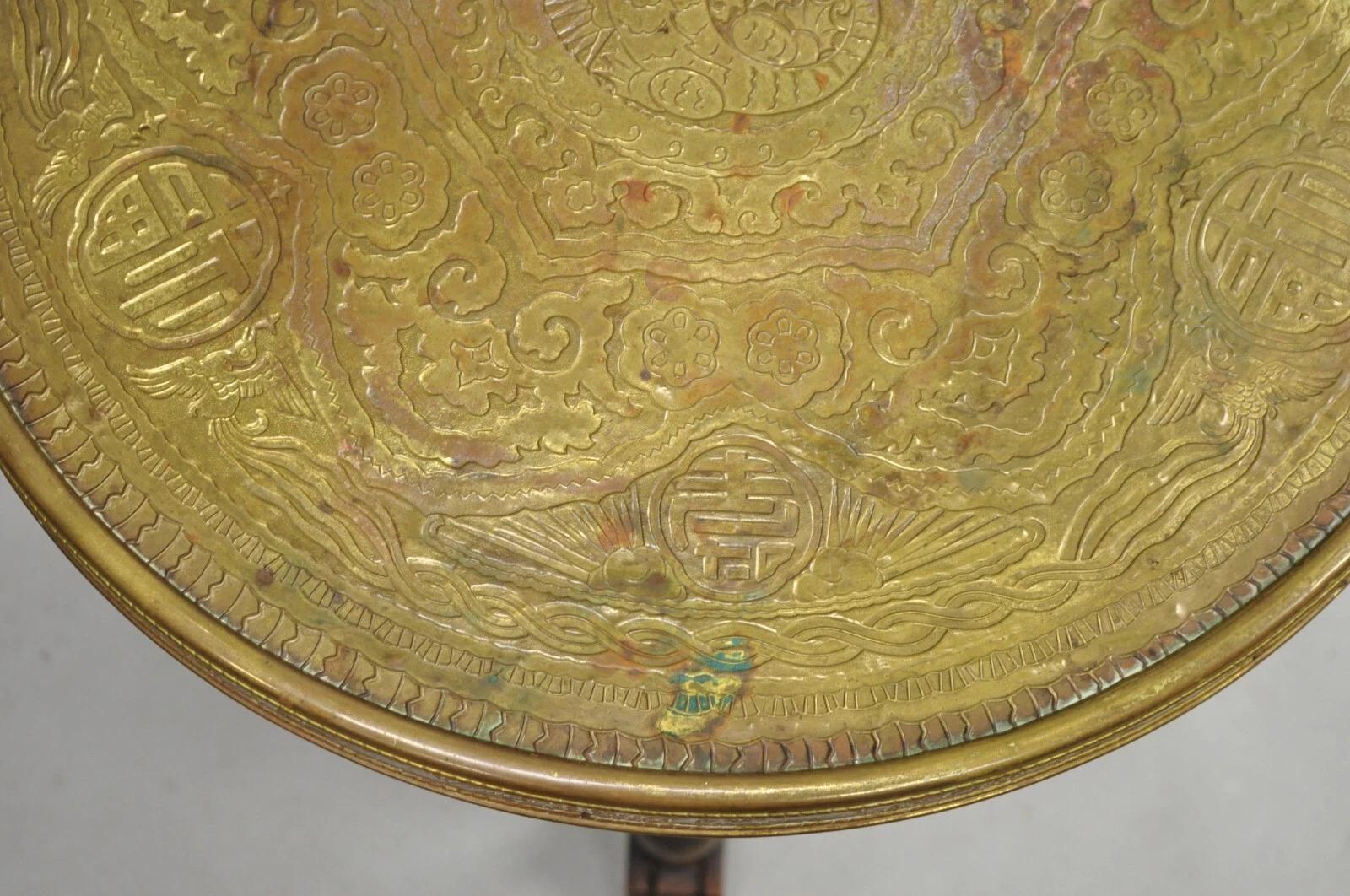 Antique Chinoiserie Oak Barley Twist Chinese Brass Dragon Side Table by Ferguson For Sale 3