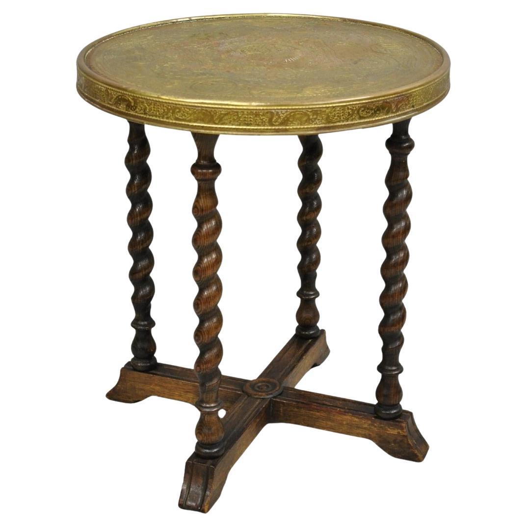 Antique Chinoiserie Oak Barley Twist Chinese Brass Dragon Side Table by Ferguson For Sale