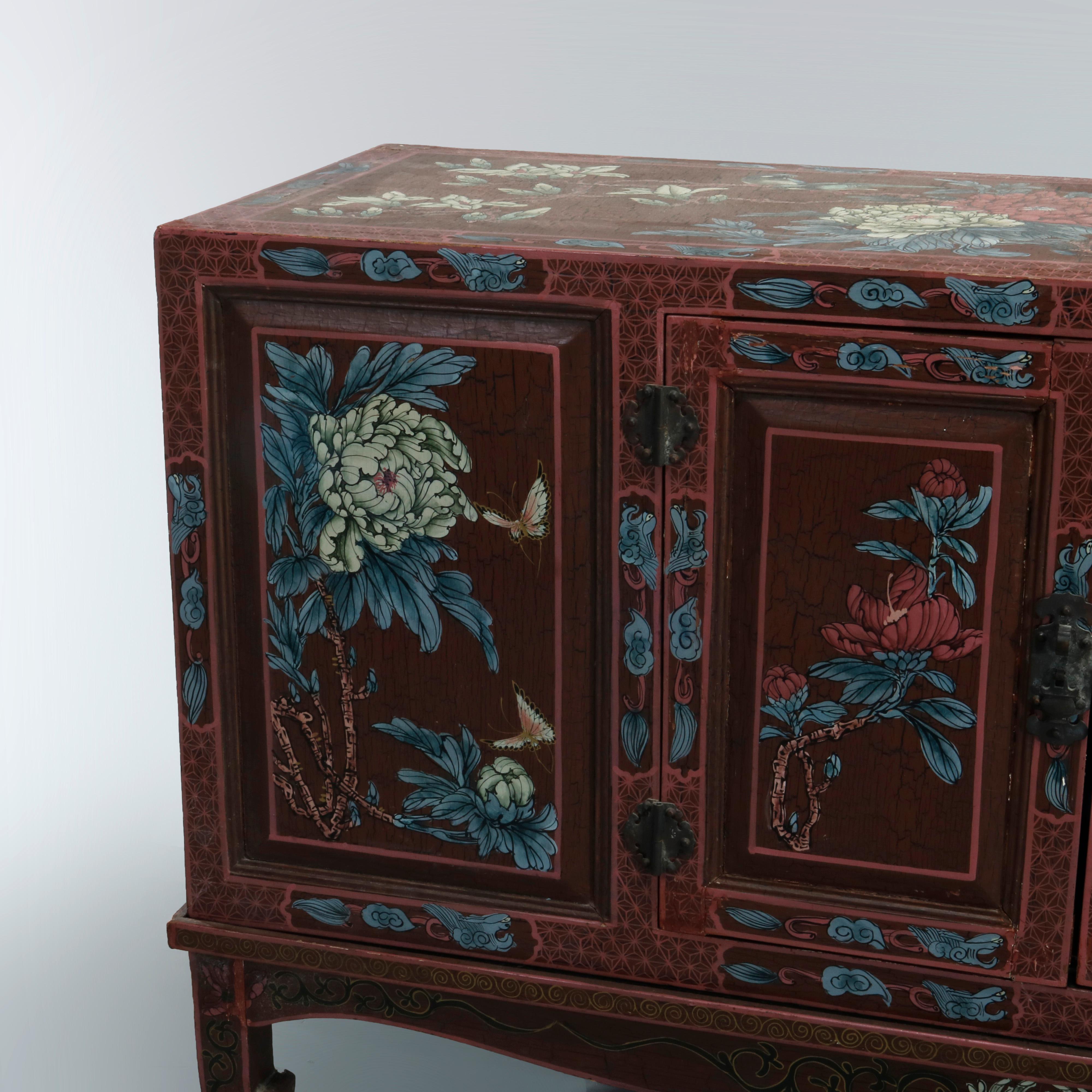 English Antique Chinoiserie Paint Decorated Credenza Cabinet, 20th Century