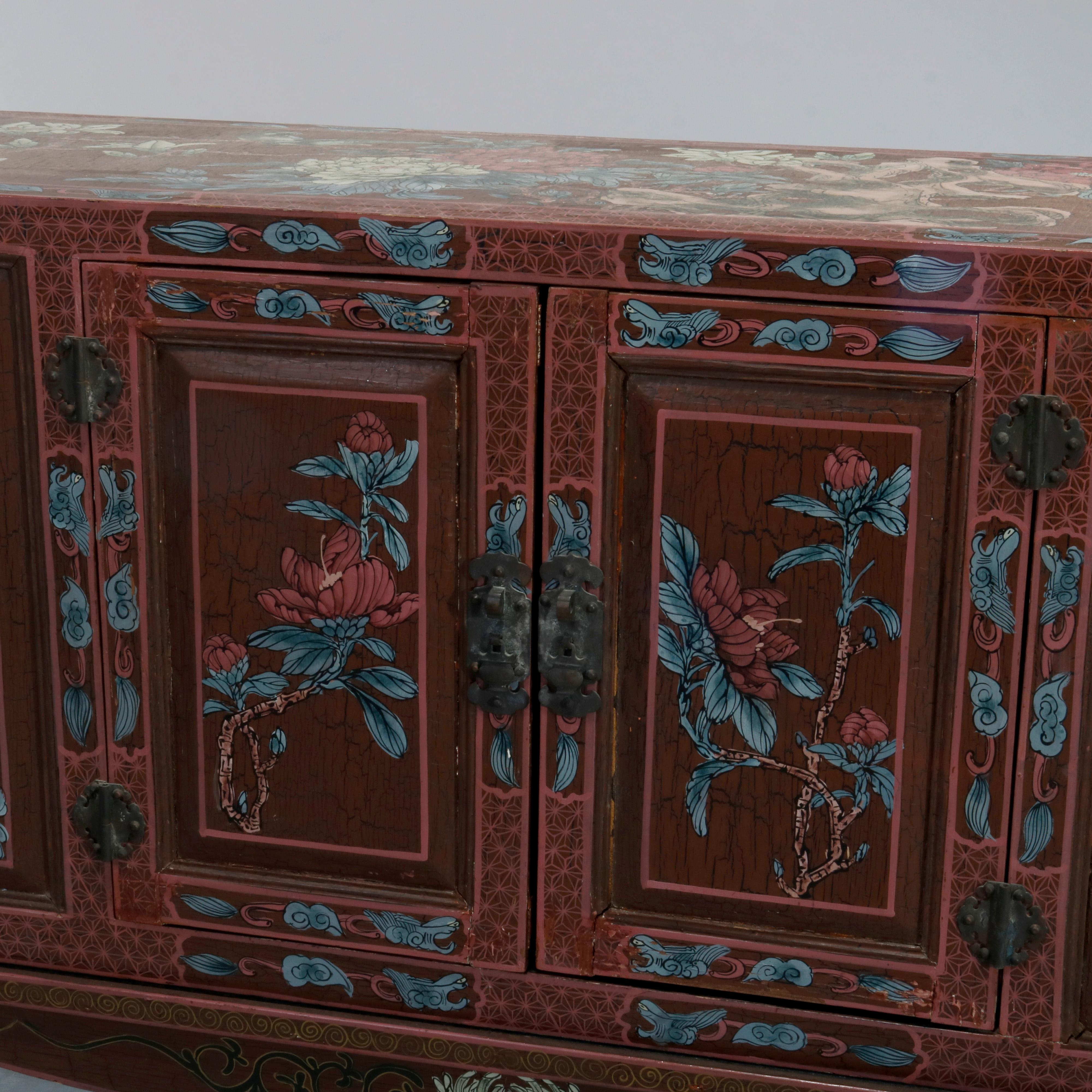 Carved Antique Chinoiserie Paint Decorated Credenza Cabinet, 20th Century