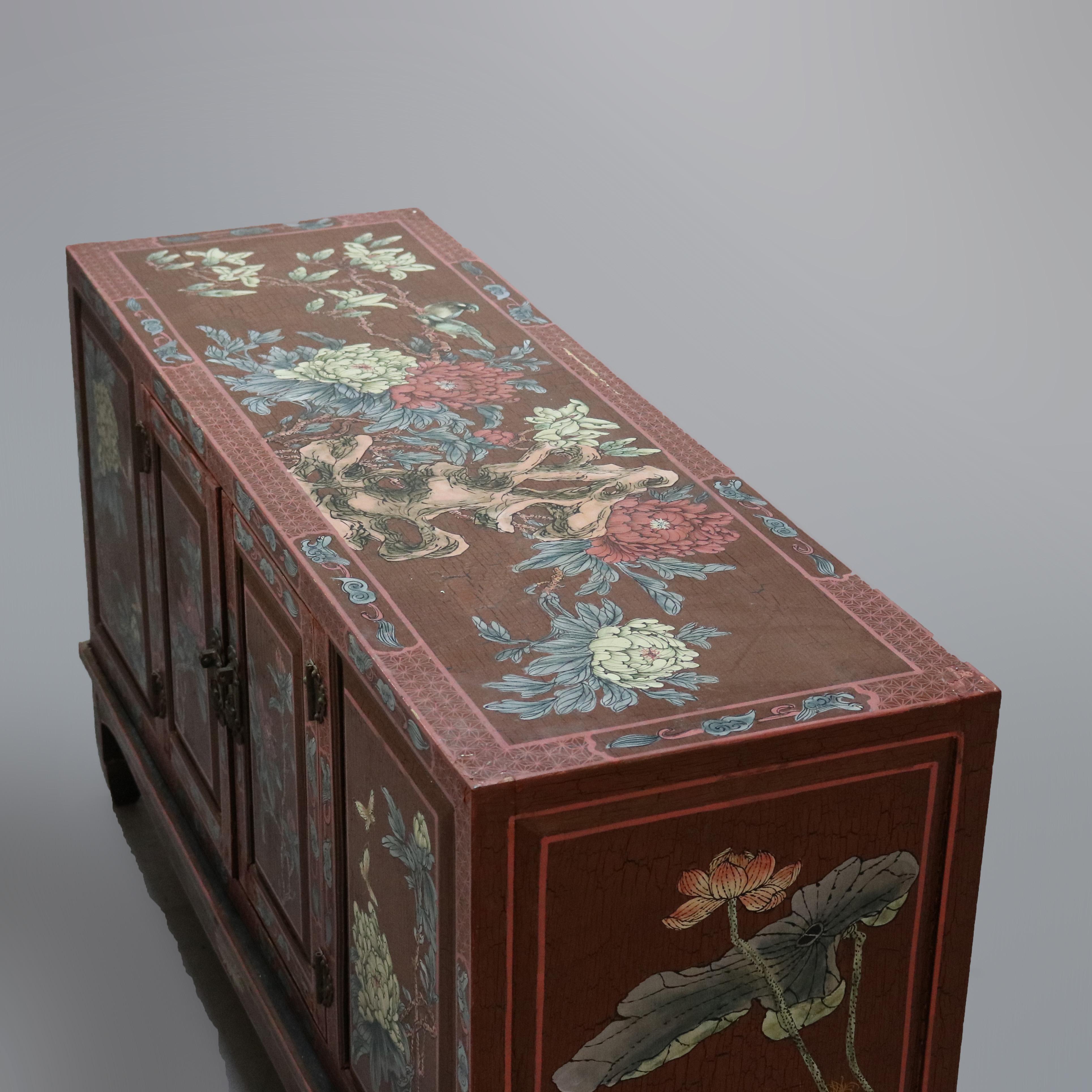 Antique Chinoiserie Paint Decorated Credenza Cabinet, 20th Century In Good Condition In Big Flats, NY