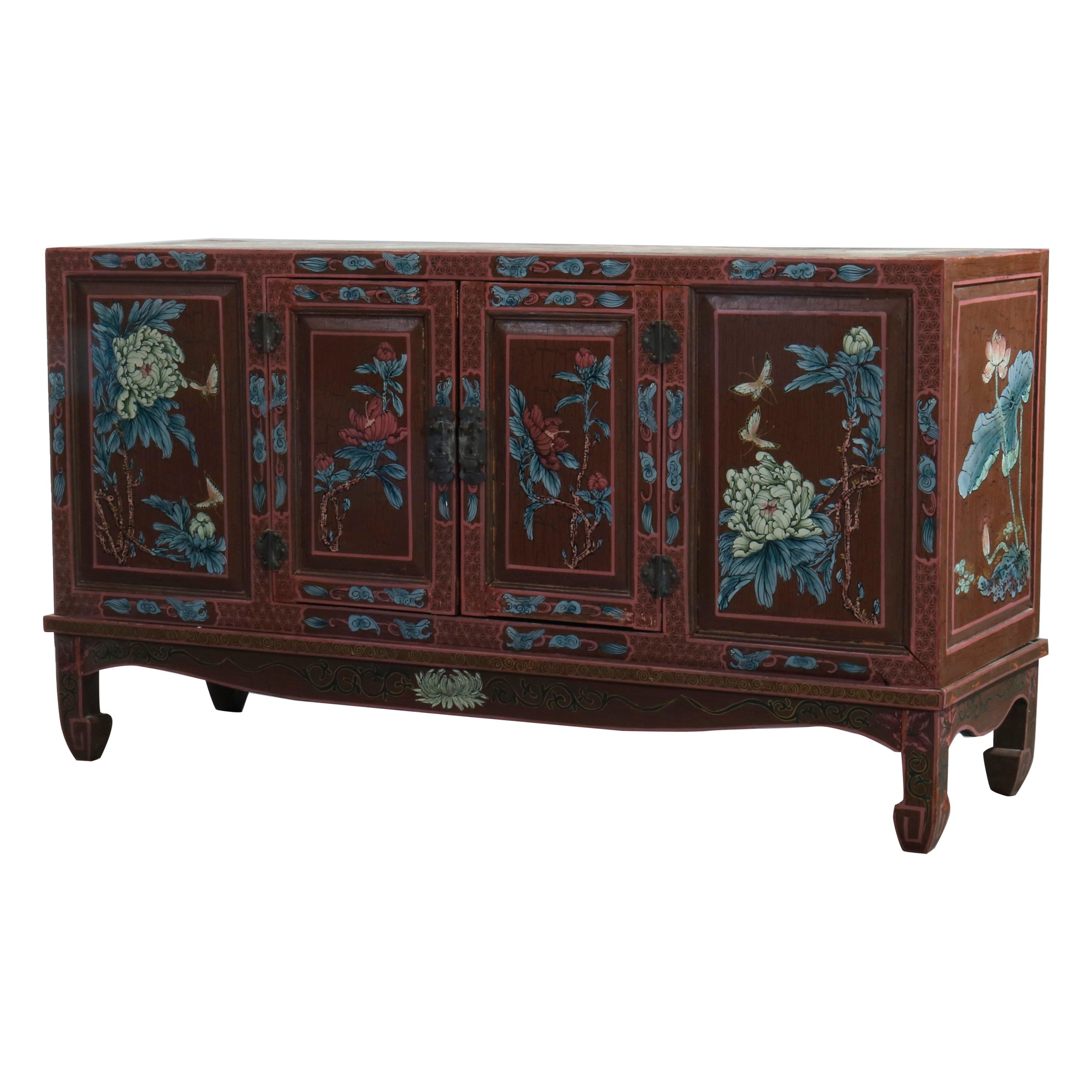Antique Chinoiserie Paint Decorated Credenza Cabinet, 20th Century