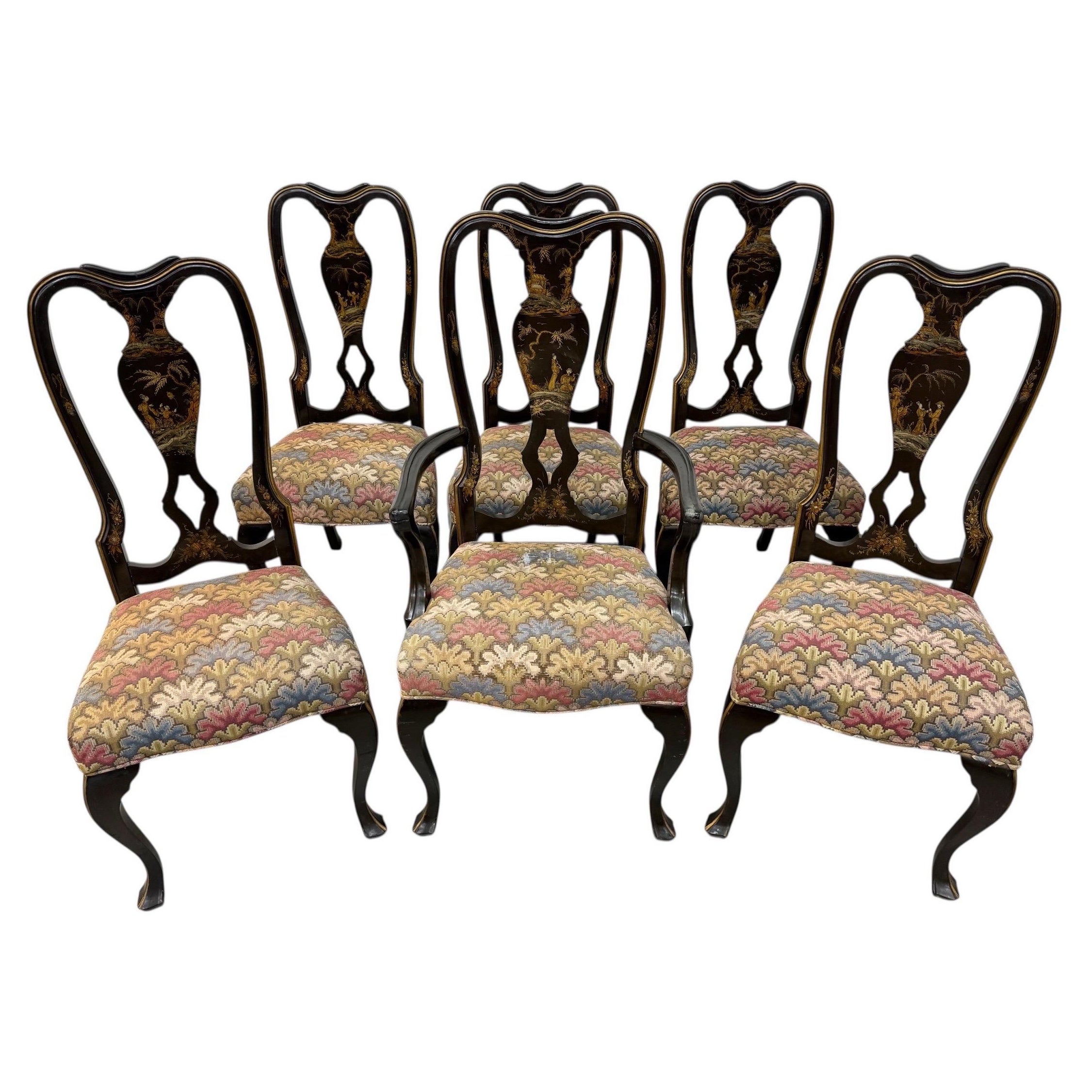 Chaises de salle à manger anciennes décorées à la peinture Chinoiserie - Lot de 6