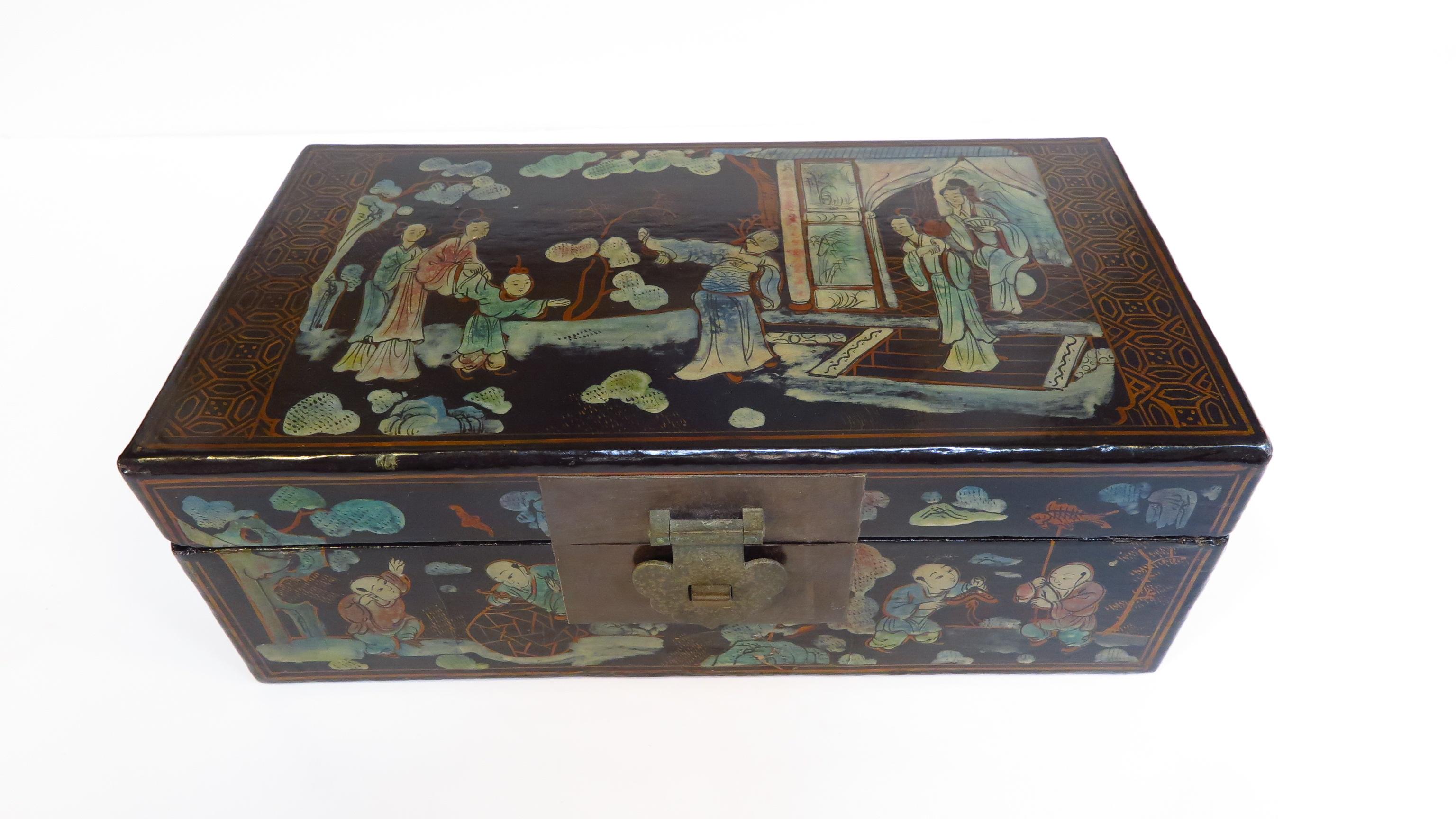 Antique Chinese chinoiserie painted box. Painting on the box tells several stories all happening during a large harvest that is very auspicious. A celebration in the making of success. Very beautiful paint work with worn soft colors captured in the