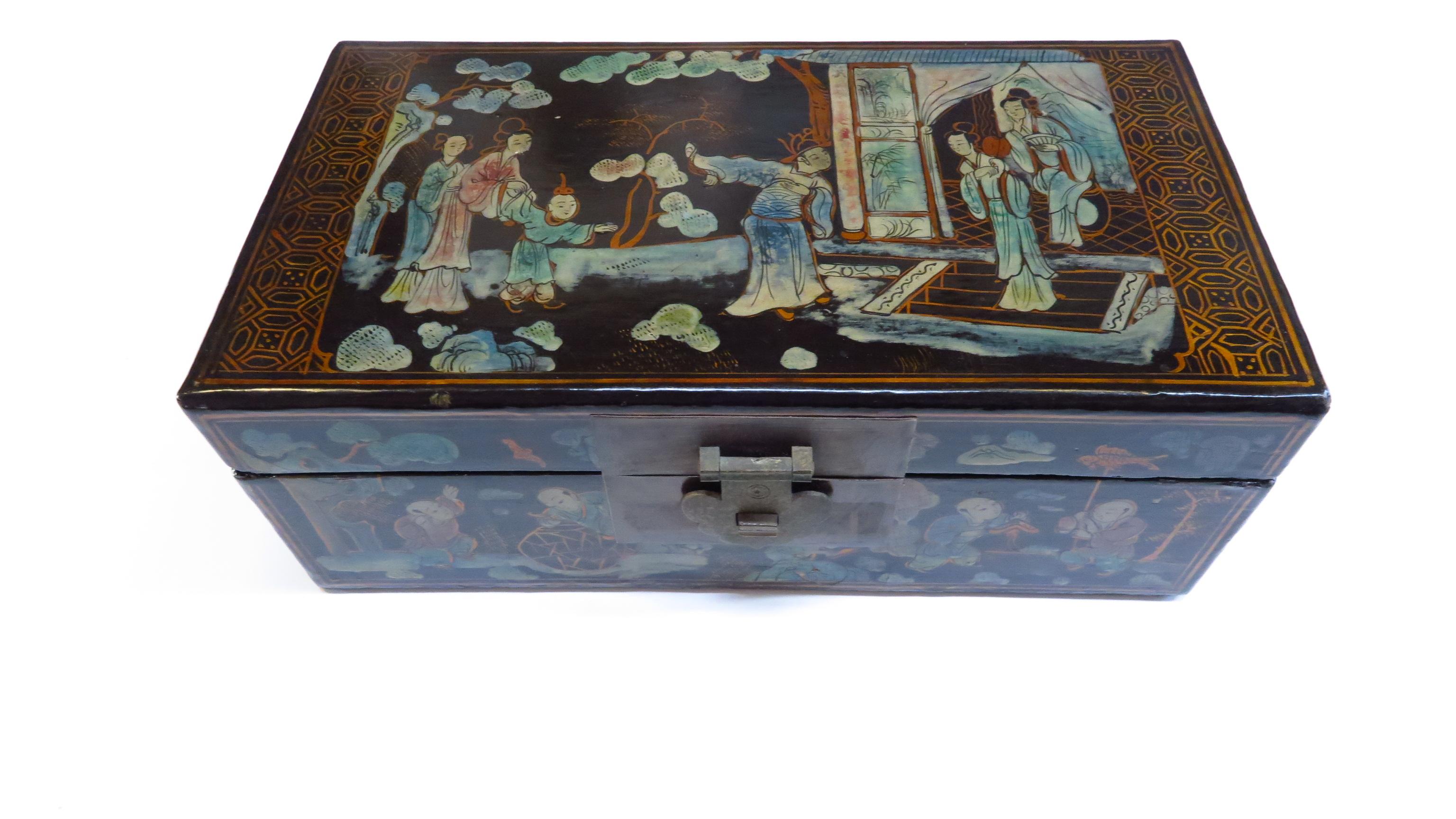 Lacquered Antique Chinoiserie Painted Box