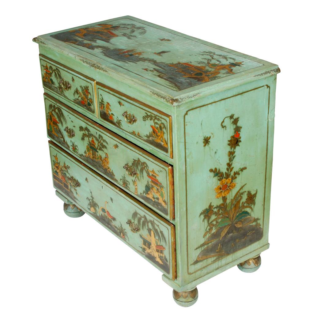 Antique chinoiserie green painted chest with gilt detail.