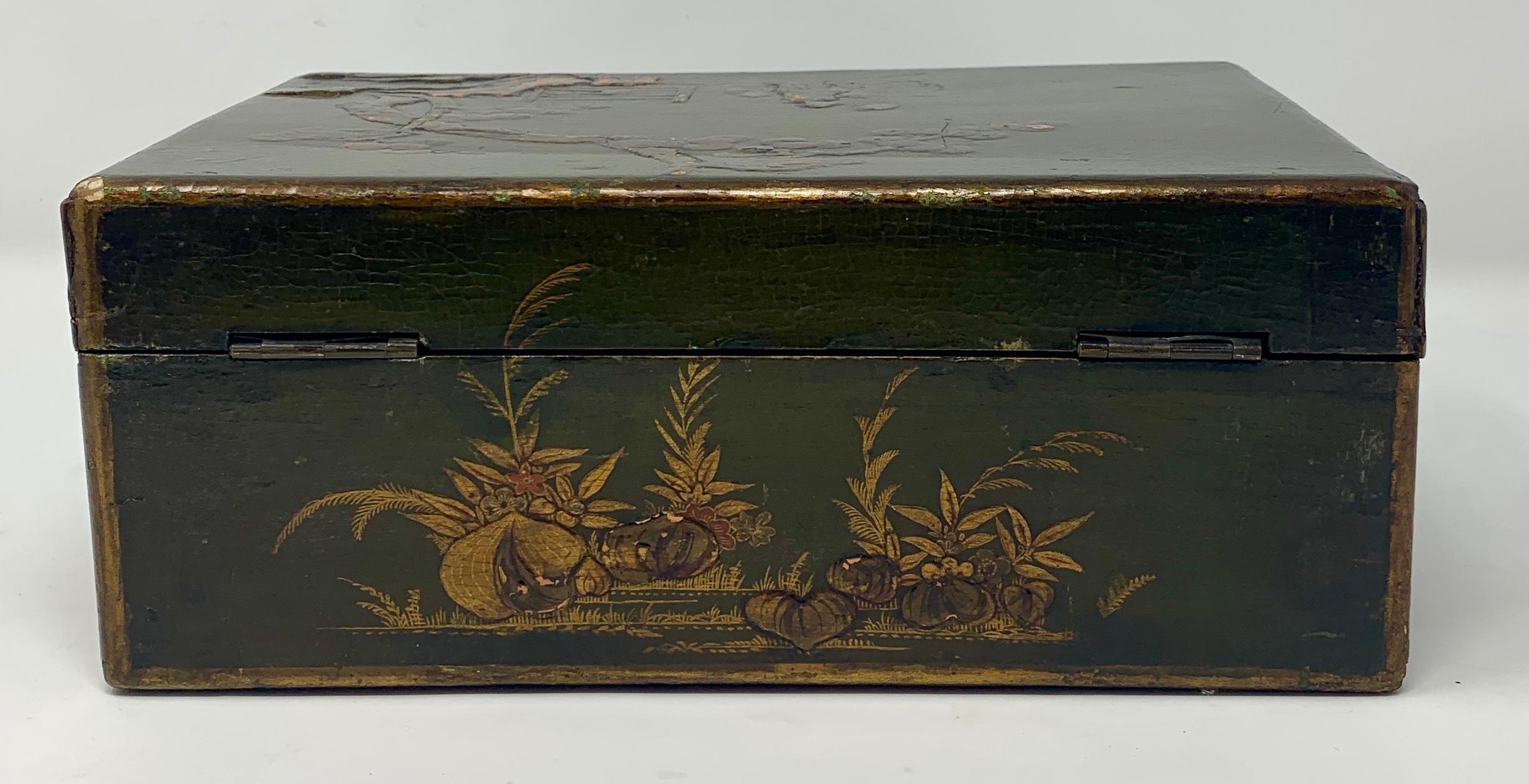 Hand-Painted Antique Chinoiserie Painted Wood Jewel Box For Sale