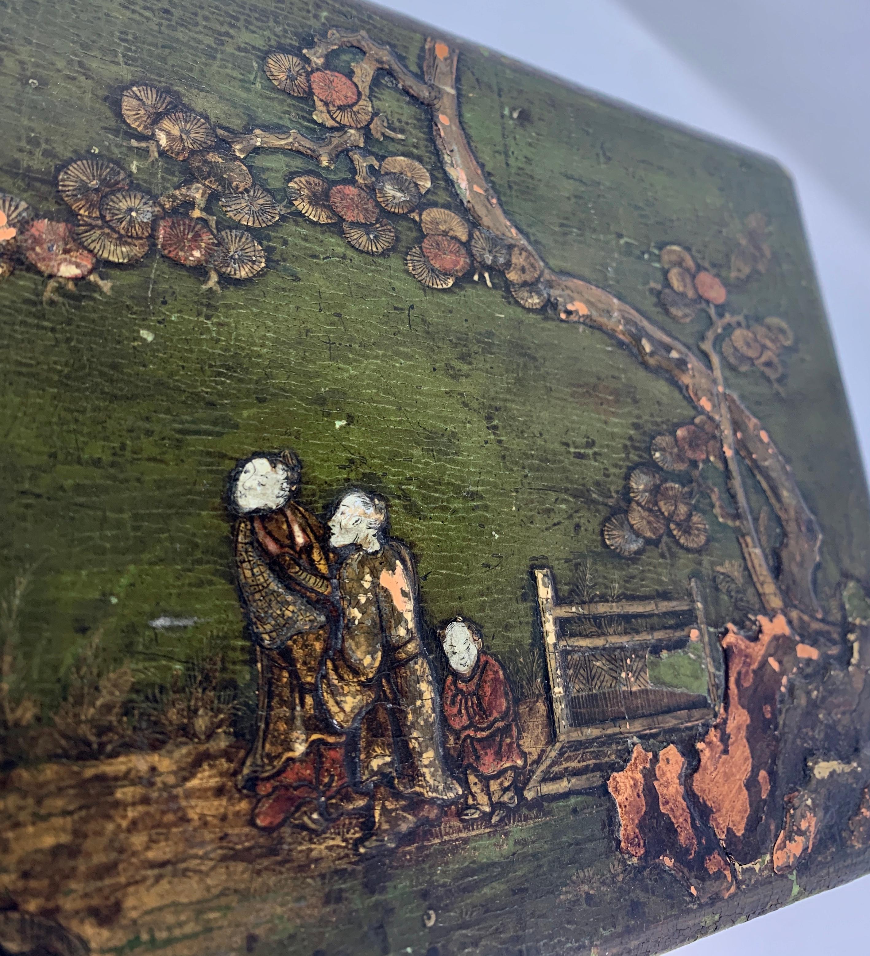 Antique Chinoiserie Painted Wood Jewel Box In Good Condition For Sale In New Orleans, LA