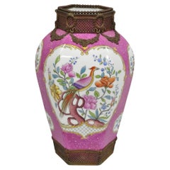 Antique Chinoiserie Pink French Porcelain German Ormulu Bird Painted Vase