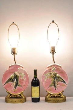 Antique Chinoiserie Pink Porcelain Round Vase Table Lamps w/ Birds - a Pair