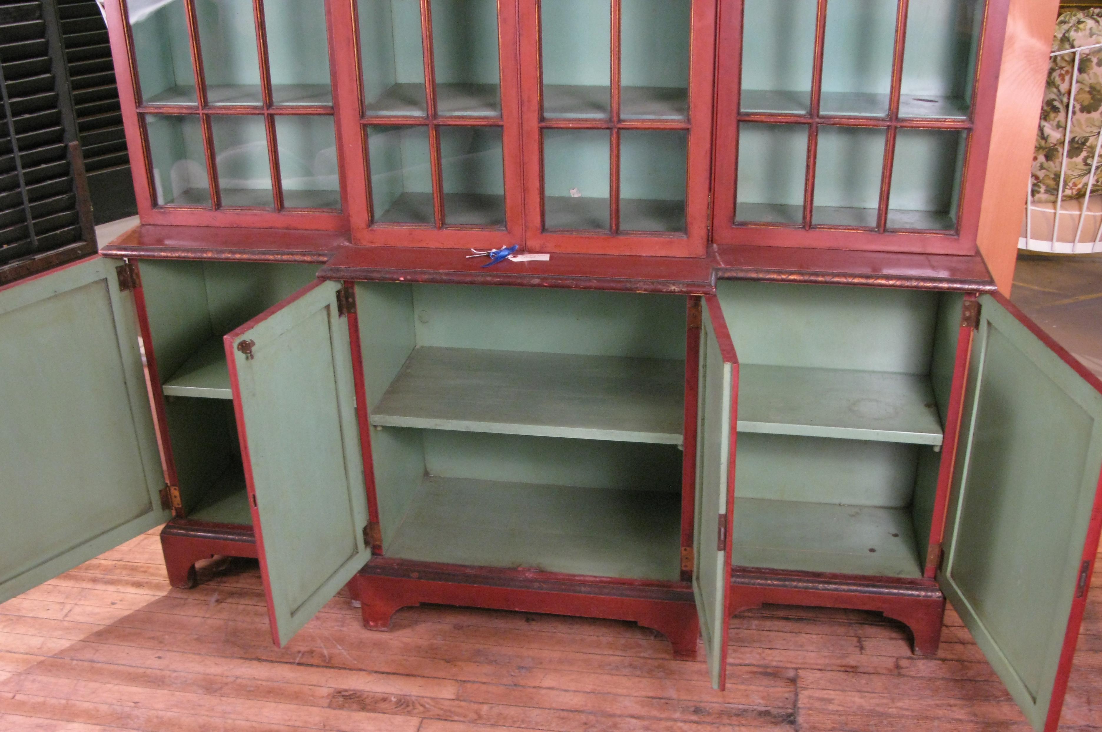 Antique Chinoiserie Pompeii Red Glass Door Bookcase In Good Condition In Hudson, NY