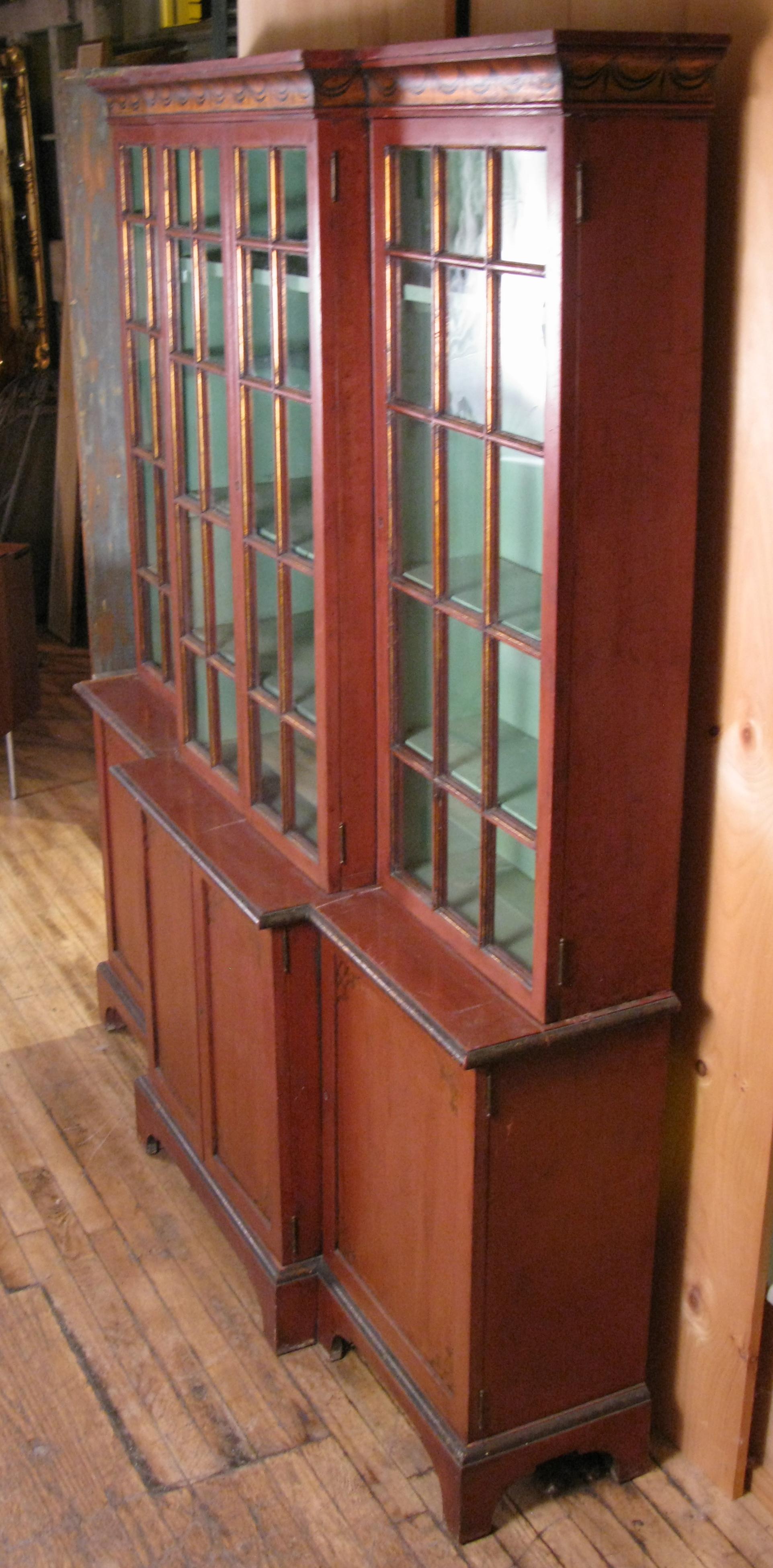 Antique Chinoiserie Pompeii Red Glass Door Bookcase 2