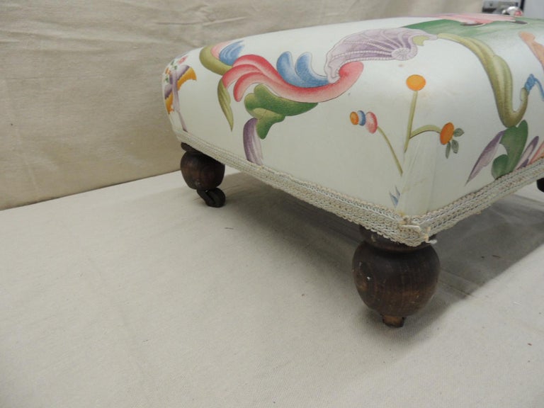 English Antique Chinoiserie Printed Textile Square Ottoman For Sale