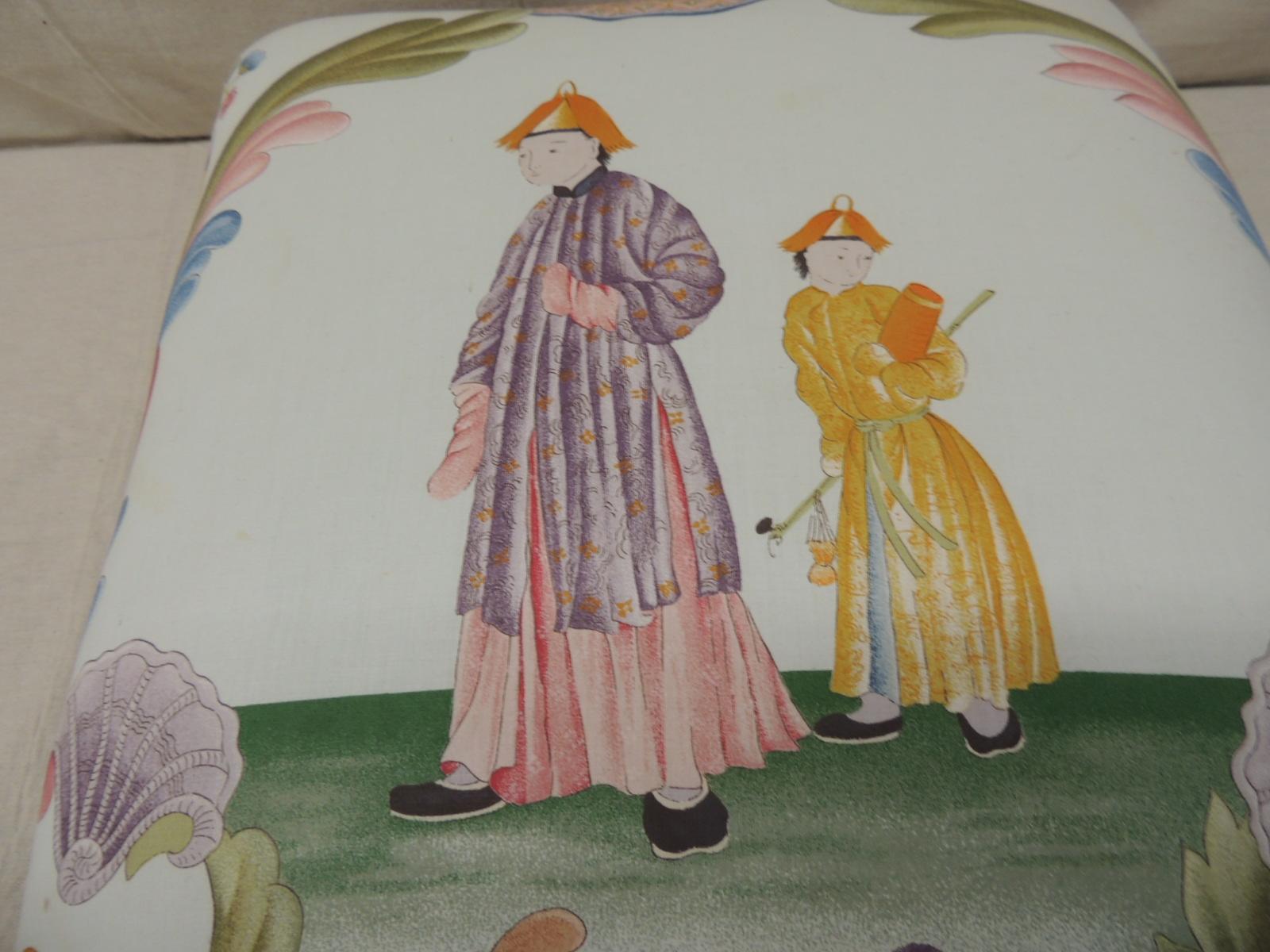 English Antique Chinoiserie Printed Textile Square Ottoman