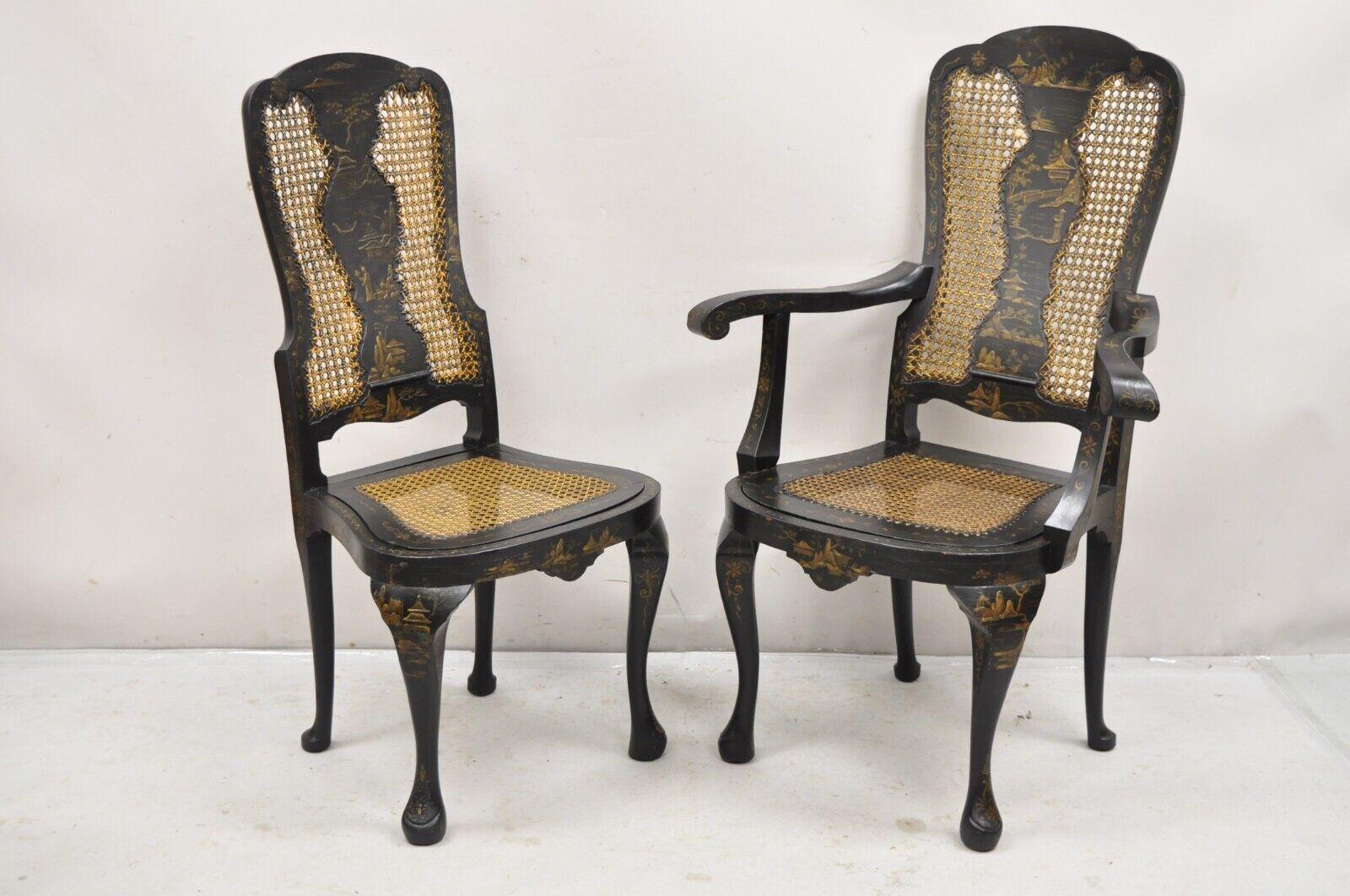 Antique Chinoiserie English Queen Anne Hand Painted Floral Cane Dining Chairs - Set of 4. Set includes 2 side chairs and 2 armchairs with drop cane seats and remarkable floral painted detail. Circa 1900.
Measurements: 
(2) Armchairs: 44.5