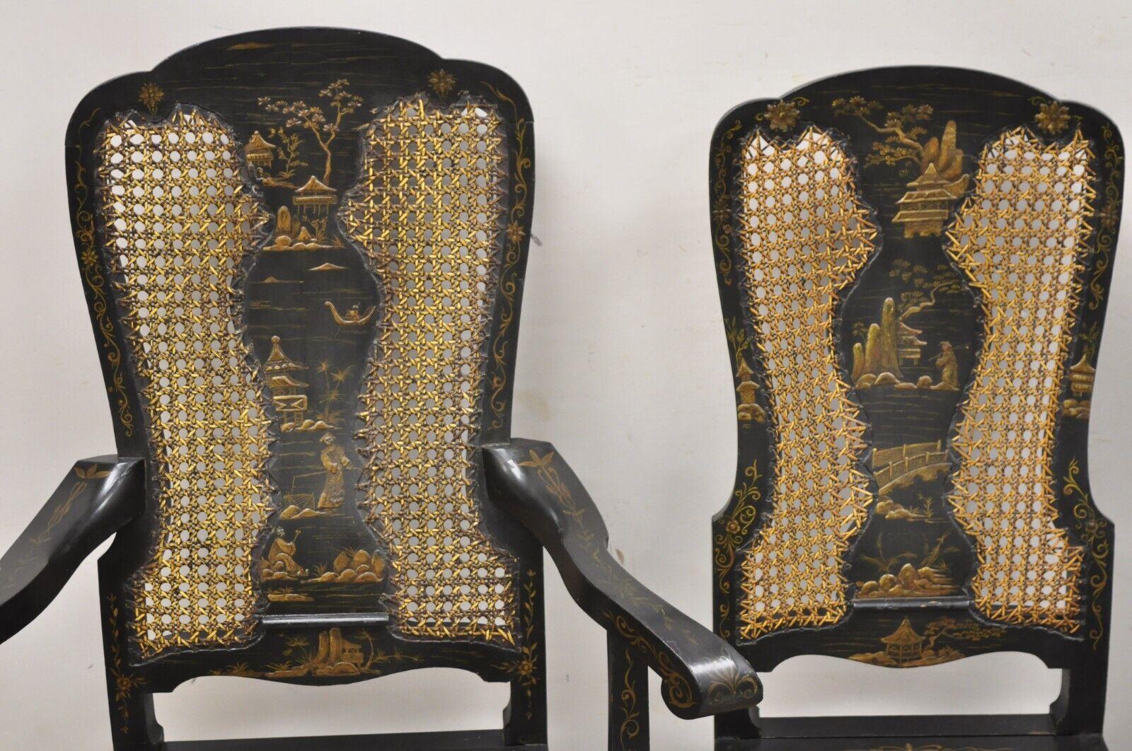 Chinoiseries Chaises de salle à manger chinoises anciennes Queen Anne peintes à la main en rotin à fleurs - lot de 4 en vente