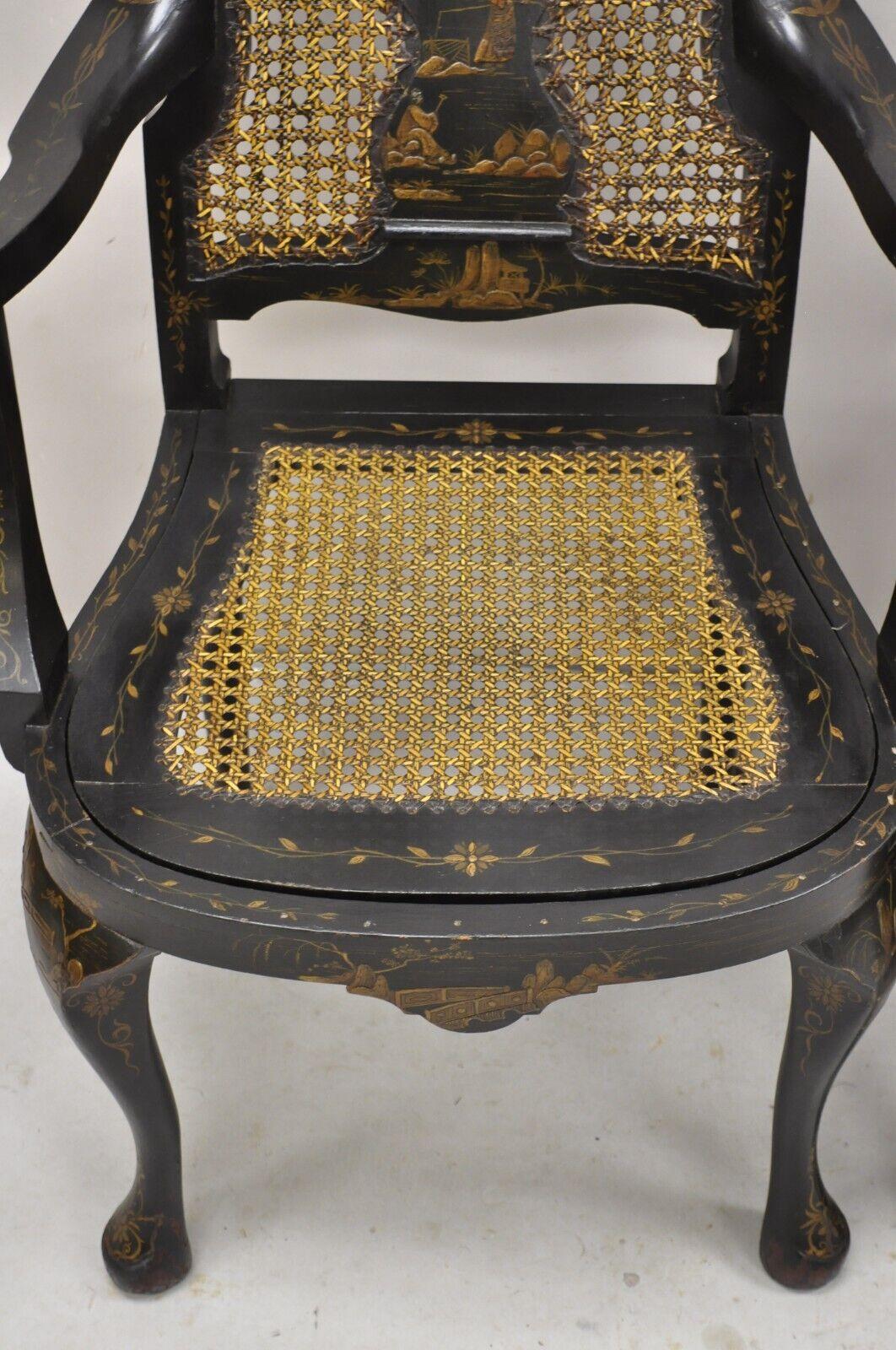 Antike Chinoiserie Queen Anne-Esszimmerstühle aus handbemaltem, geblümtem Schilfrohr, 4er-Set (Gehstock) im Angebot